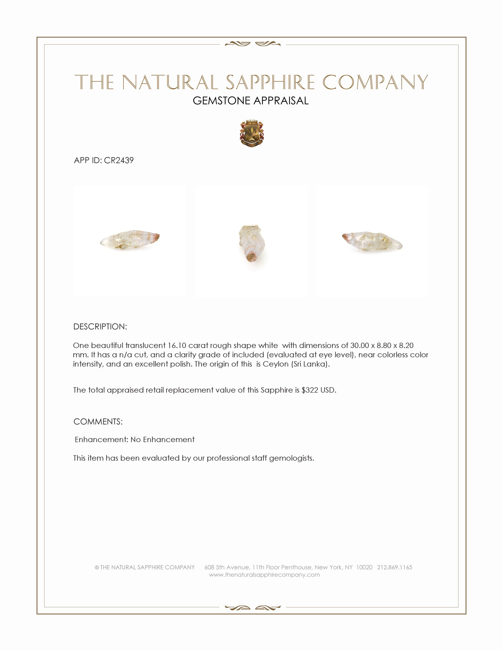 16.10 Ct. White Rough Sapphire from Ceylon (Sri Lanka)