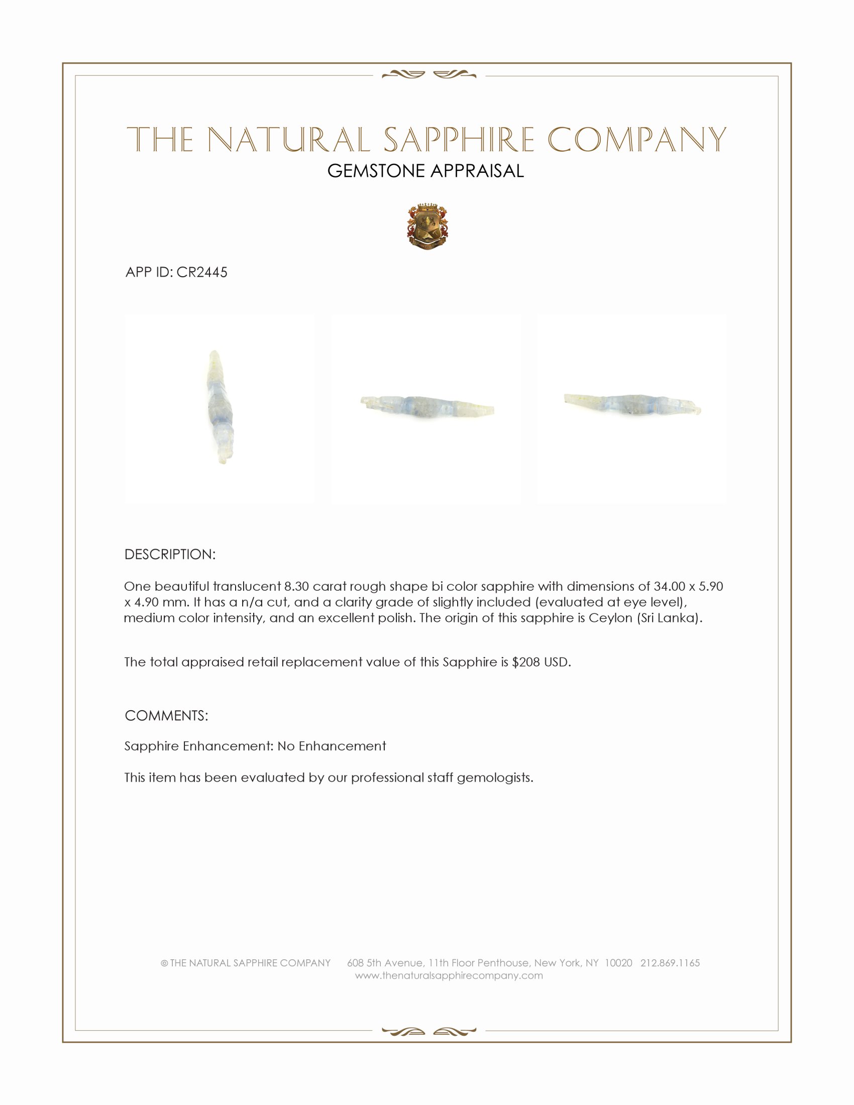 8.30 Ct. Bi Color Rough Sapphire from Ceylon (Sri Lanka)