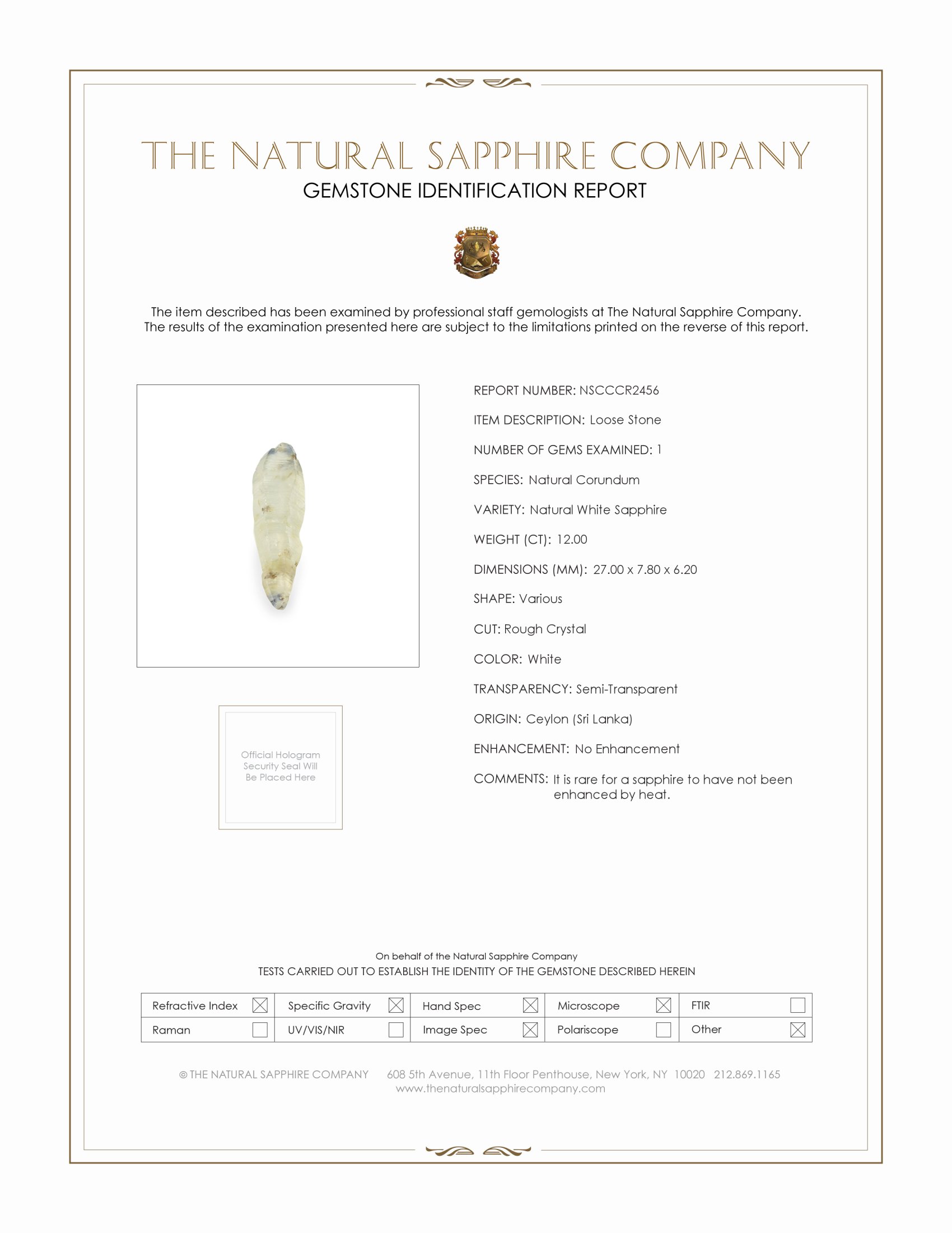 12.00 Ct. White Sapphire Crystal from Ceylon (Sri Lanka)