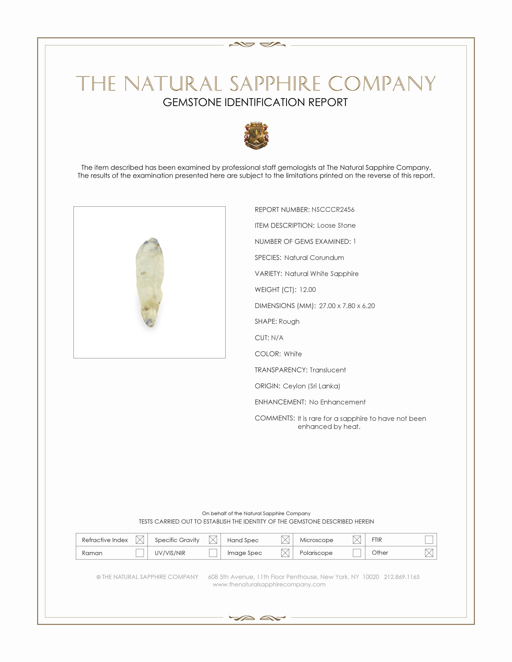 12.00 Ct. White Rough Sapphire from Ceylon (Sri Lanka)