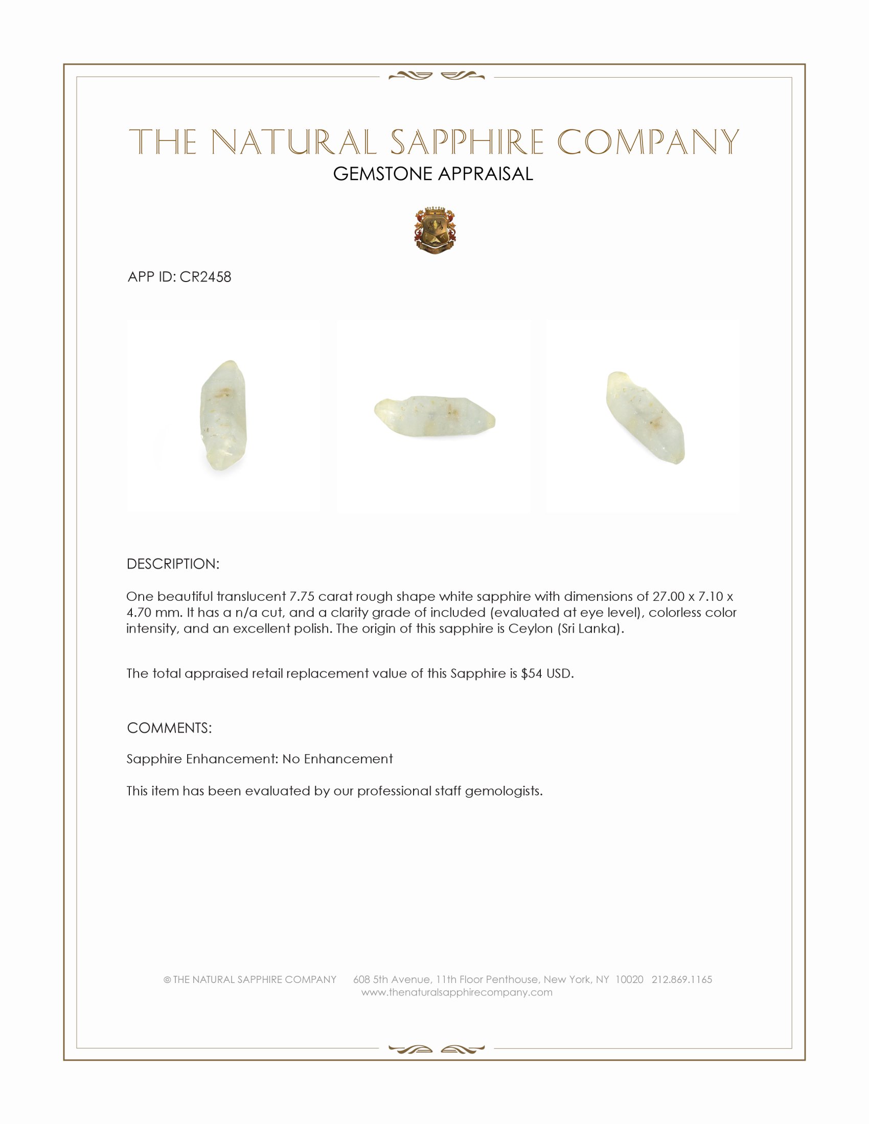 7.75 Ct. White Rough Sapphire from Ceylon (Sri Lanka)