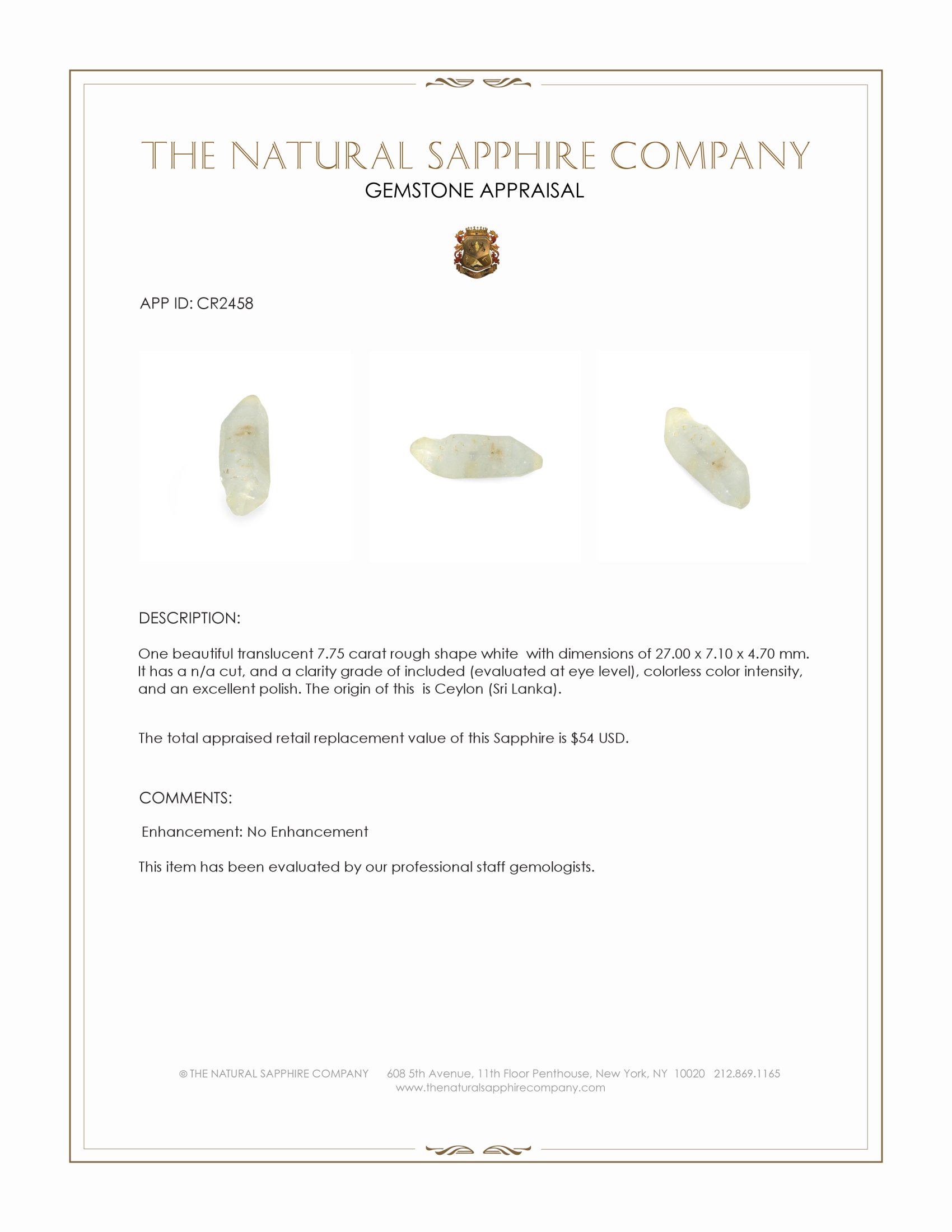 7.75 Ct. White Rough Sapphire from Ceylon (Sri Lanka)