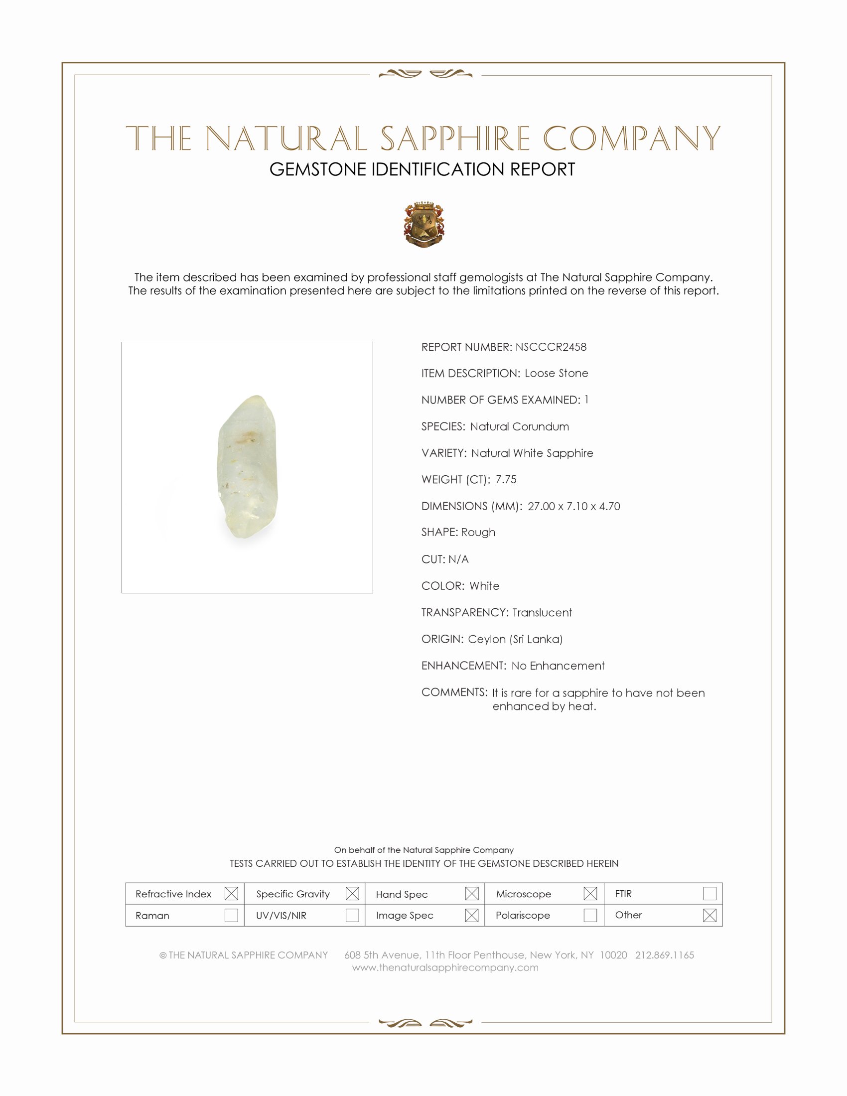 7.75 Ct. White Rough Sapphire from Ceylon (Sri Lanka)