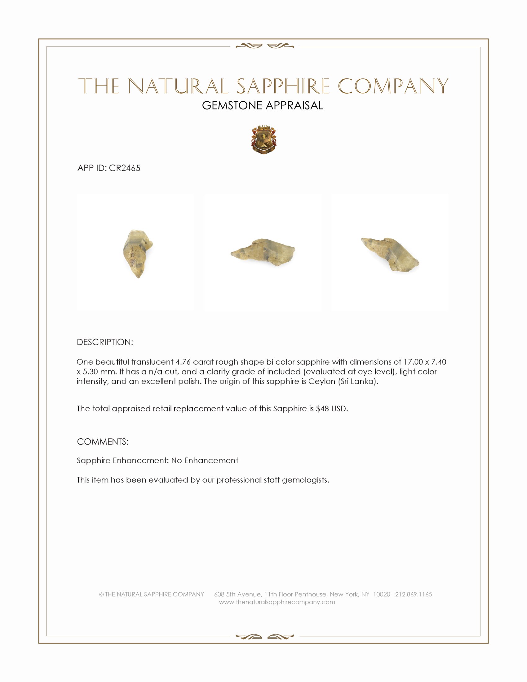 4.76 Ct. Bi Color Rough Sapphire from Ceylon (Sri Lanka)