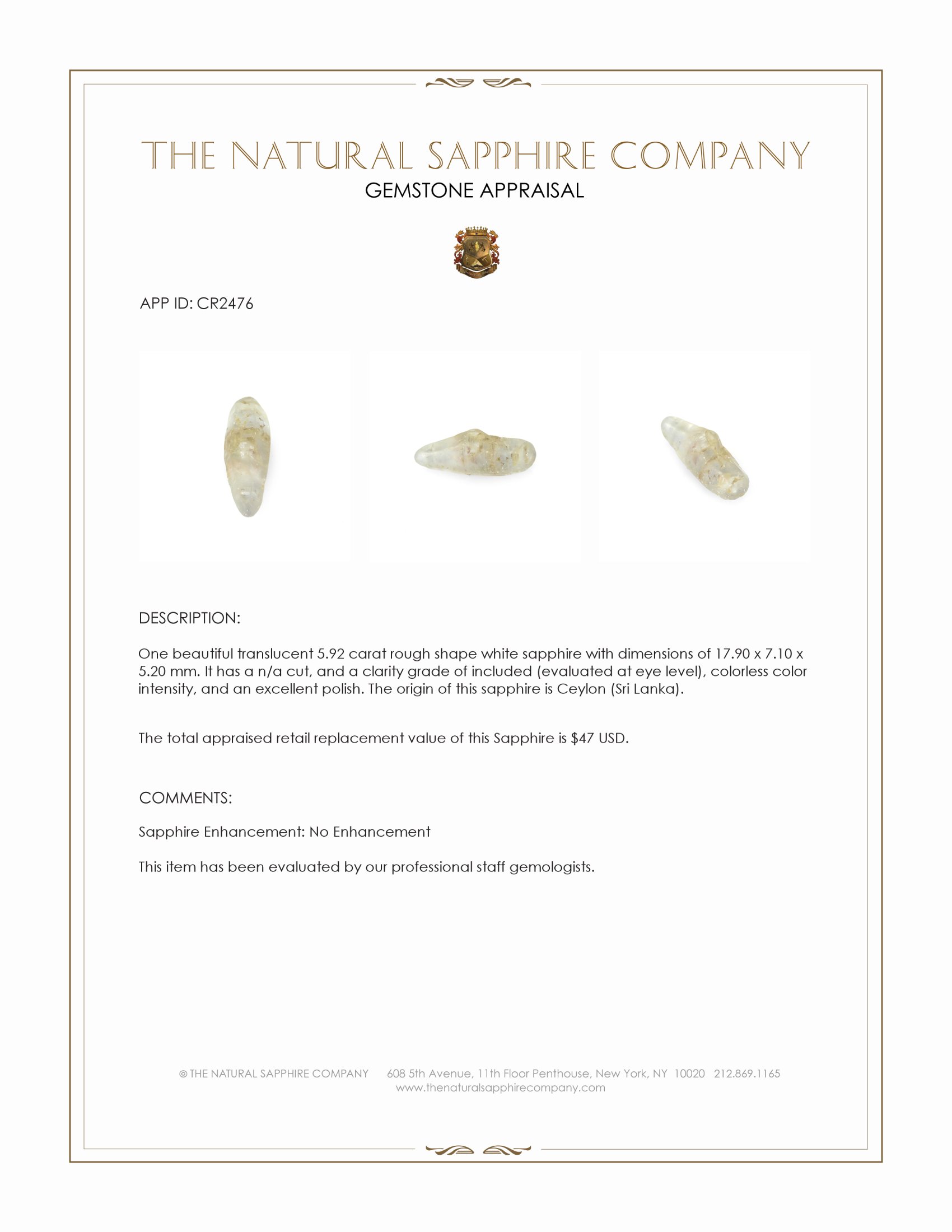 5.92 Ct. White Rough Sapphire from Ceylon (Sri Lanka)