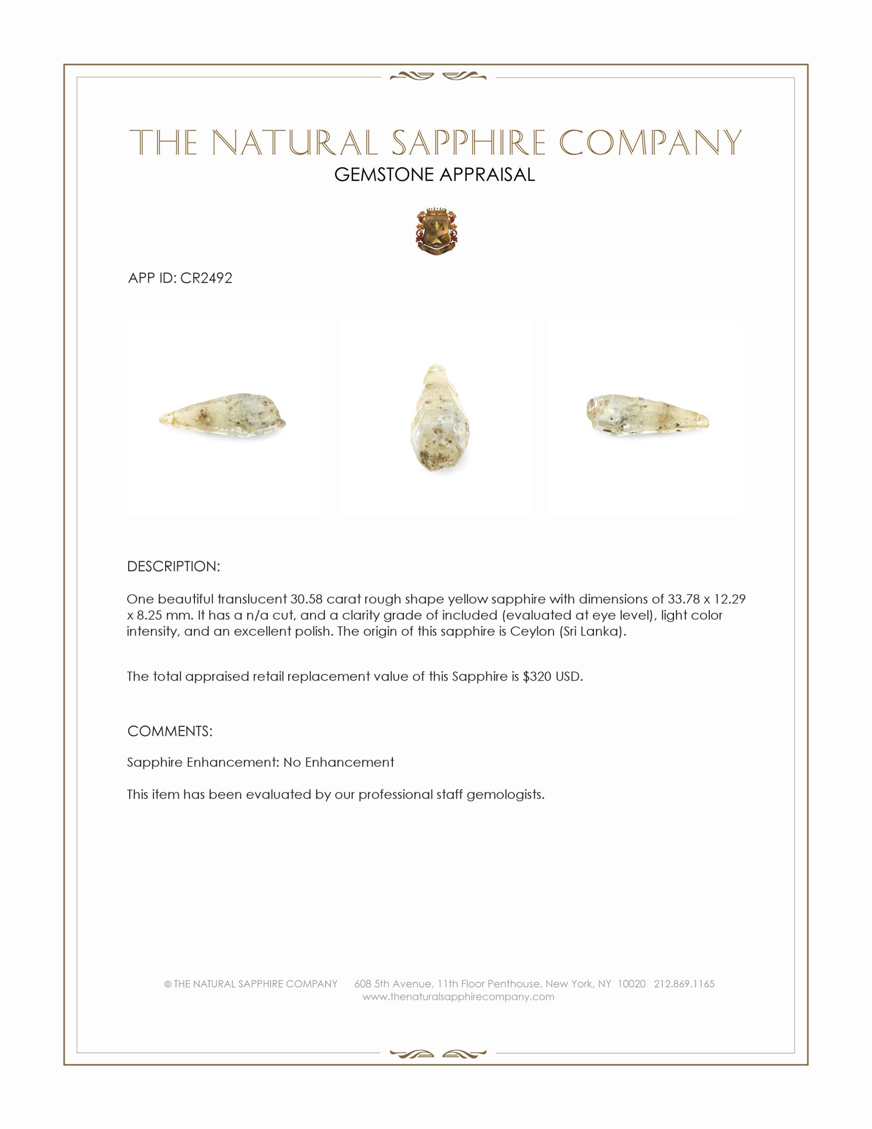 30.58 Ct. Yellow Rough Sapphire from Ceylon (Sri Lanka)