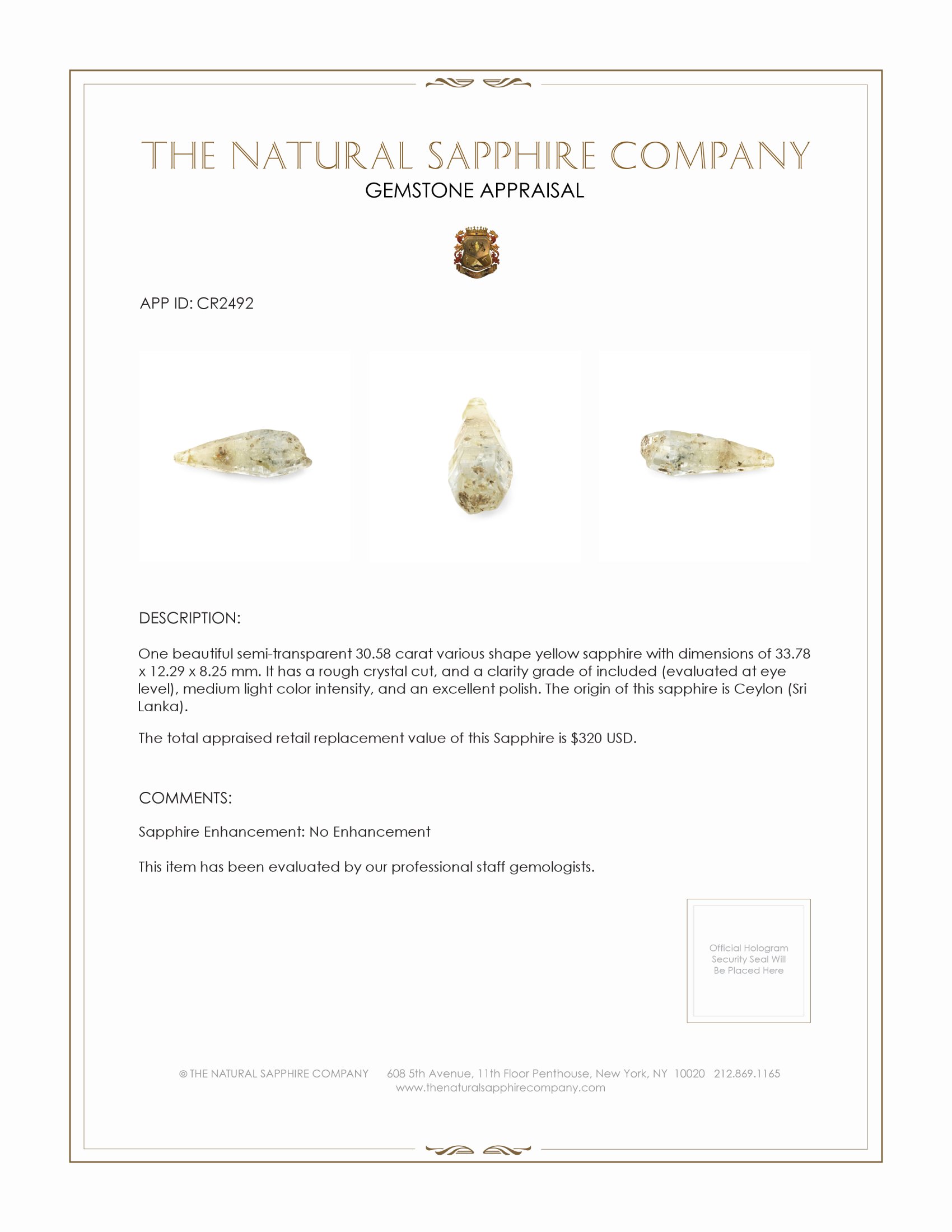 30.58 Ct. Yellow Sapphire Crystal from Ceylon (Sri Lanka)