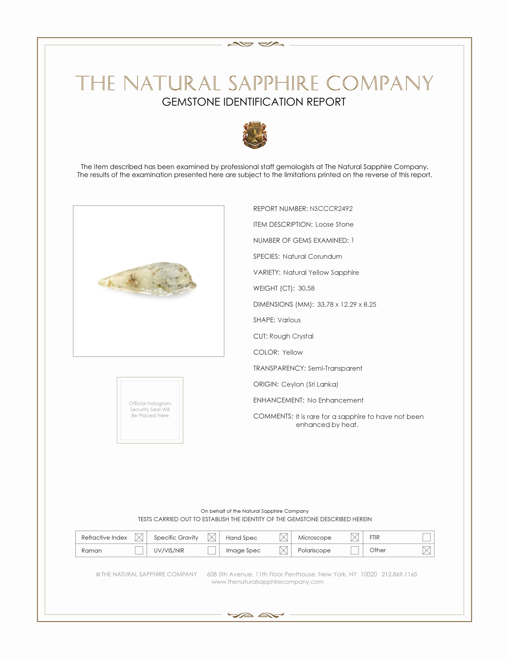 30.58 Ct. Yellow Sapphire Crystal from Ceylon (Sri Lanka)
