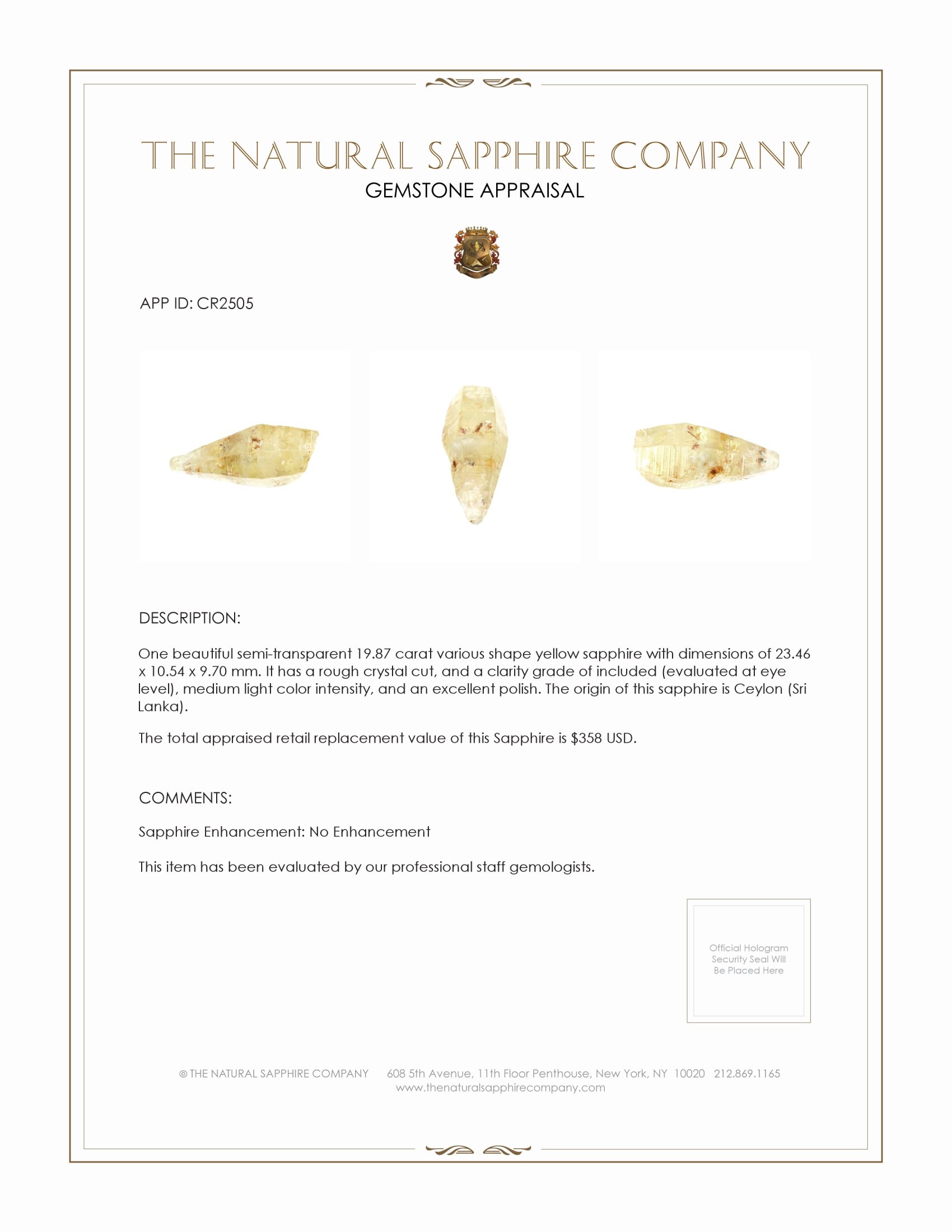 19.87 Ct. Yellow Rough Sapphire from Ceylon (Sri Lanka)