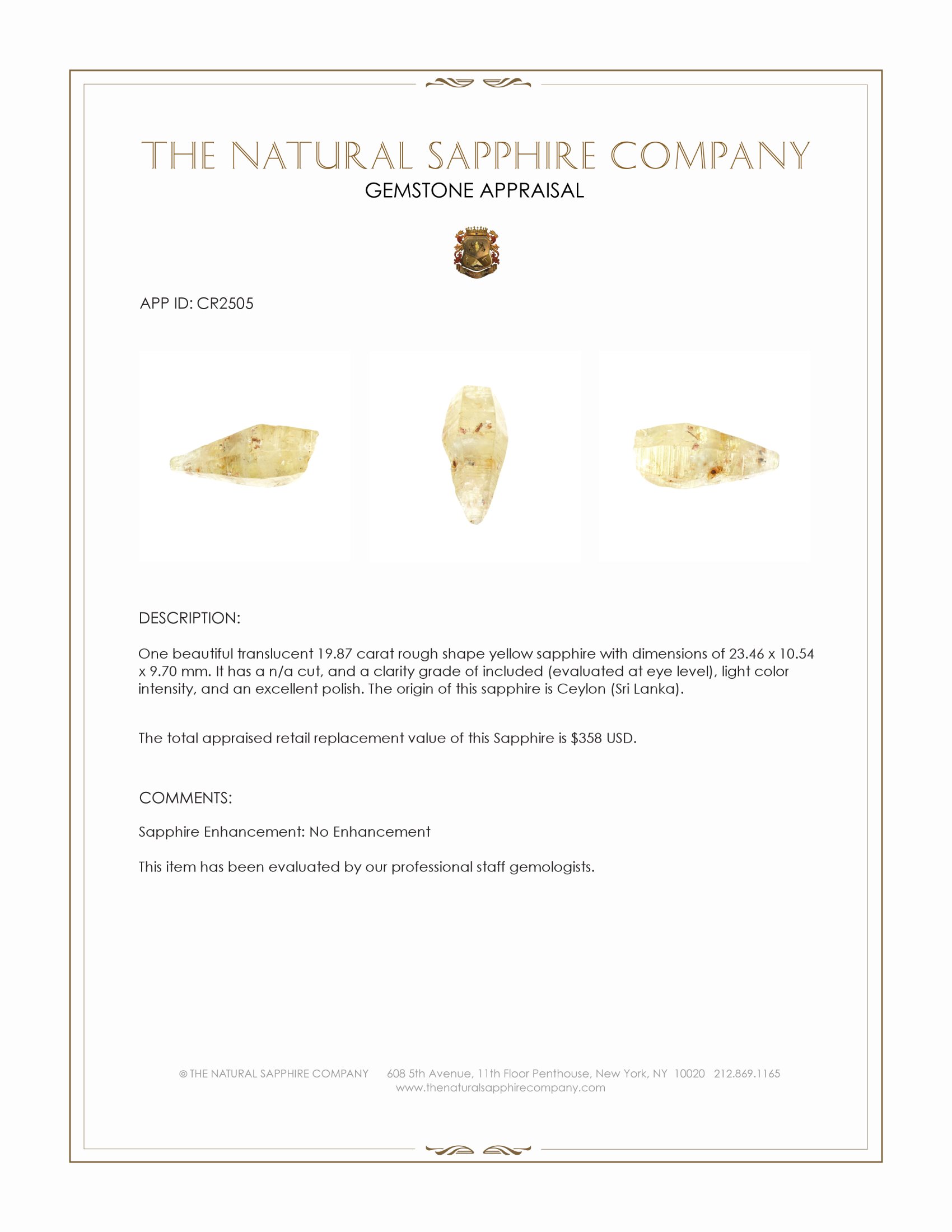 19.87 Ct. Yellow Rough Sapphire from Ceylon (Sri Lanka)