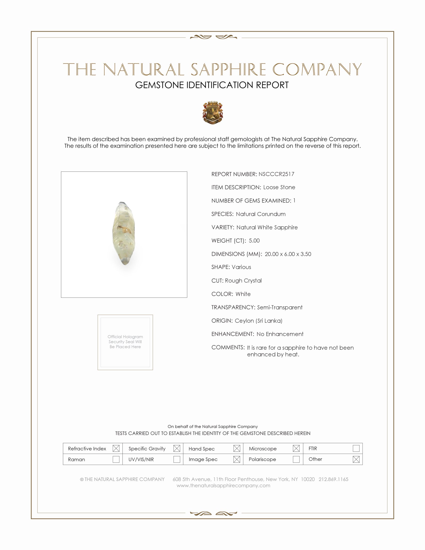 5.00 Ct. White Sapphire Crystal from Ceylon (Sri Lanka)