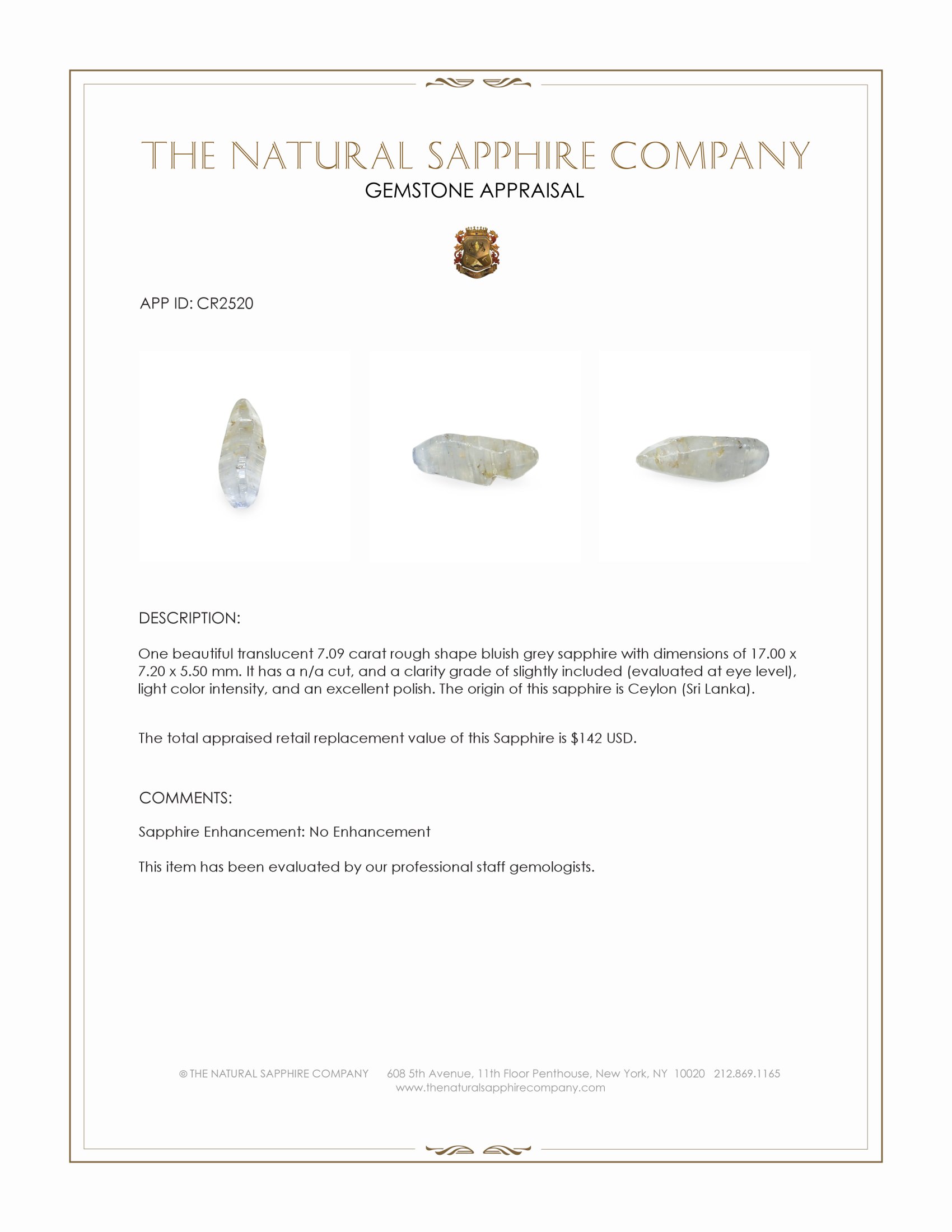 7.09 Ct. Bluish Grey Rough Sapphire from Ceylon (Sri Lanka)