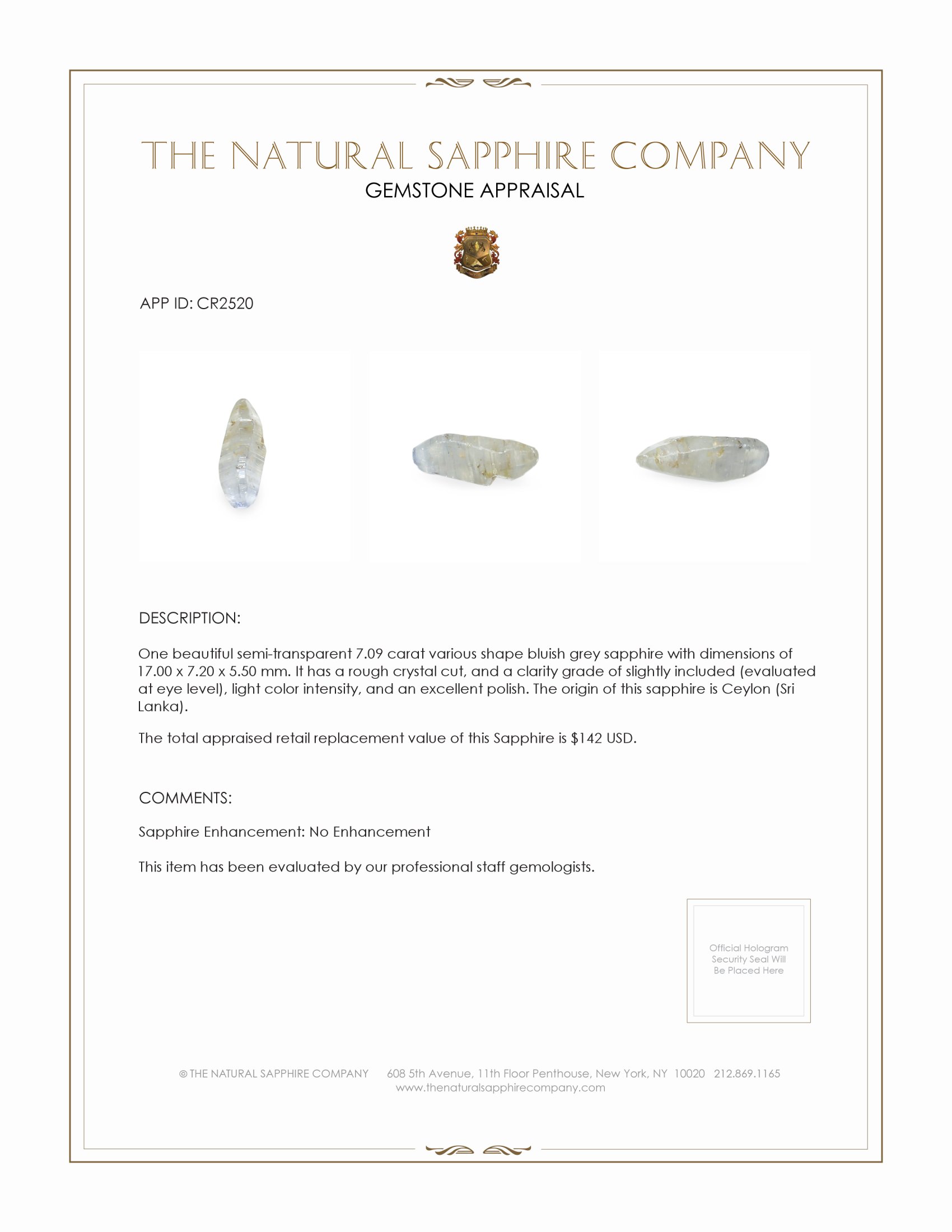 7.09 Ct. Bluish Grey Sapphire Crystal from Ceylon (Sri Lanka)