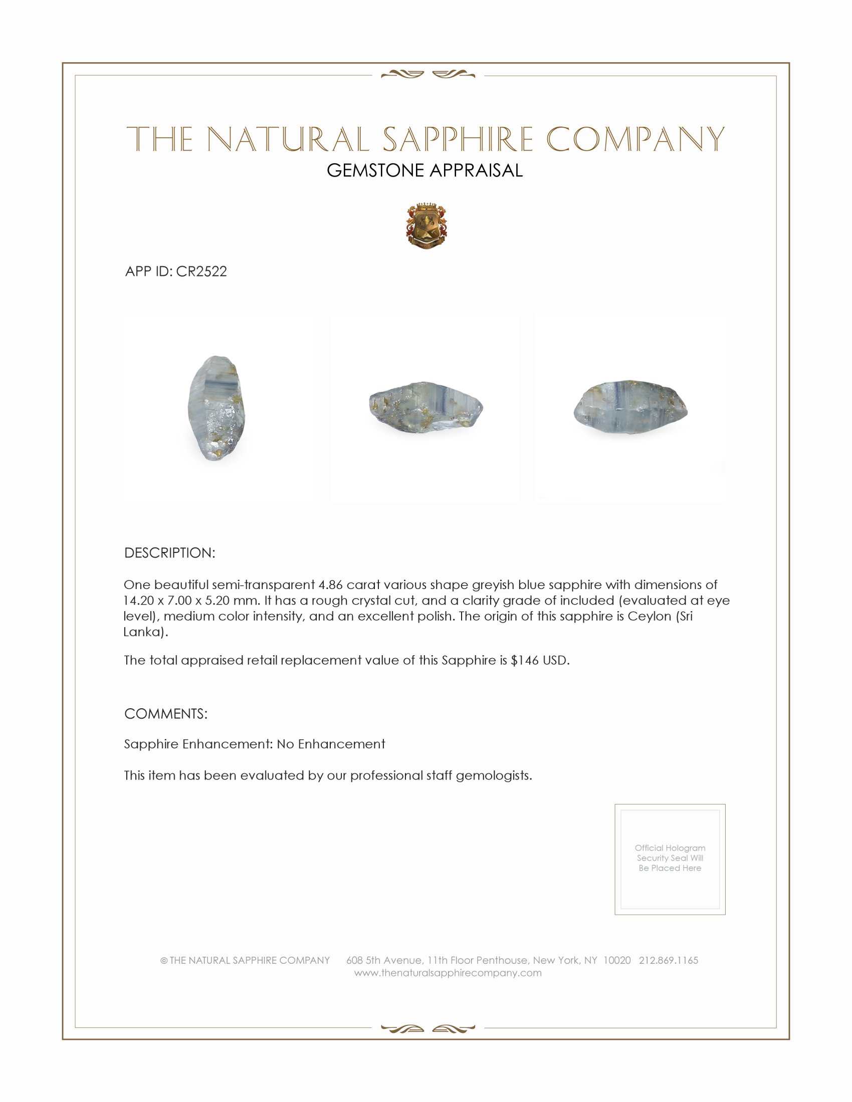 4.86 Ct. Greyish Blue Sapphire Crystal from Ceylon (Sri Lanka)