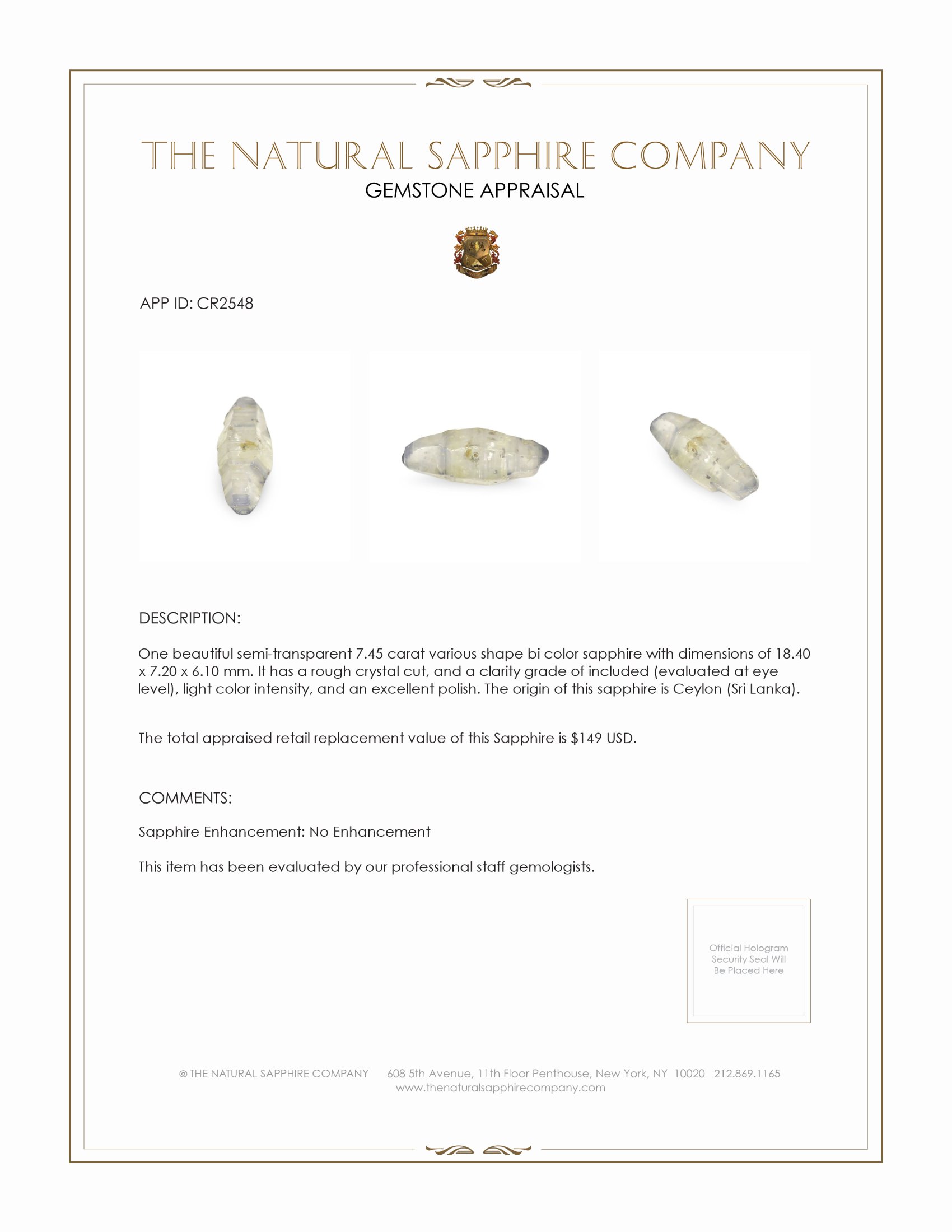 7.45 Ct. Bi Color Sapphire Crystal from Ceylon (Sri Lanka)