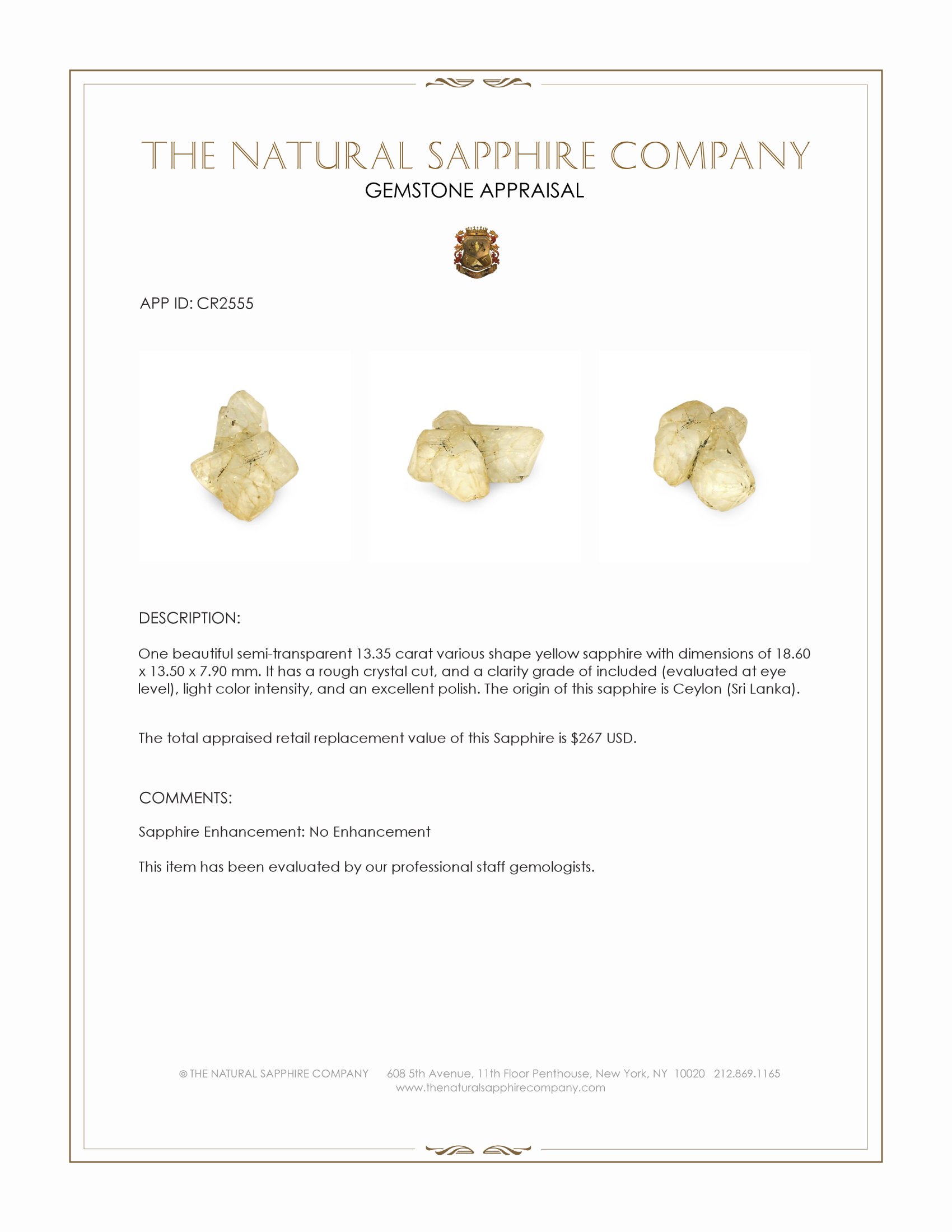 13.35 Ct. Yellow Sapphire Crystal from Ceylon (Sri Lanka)