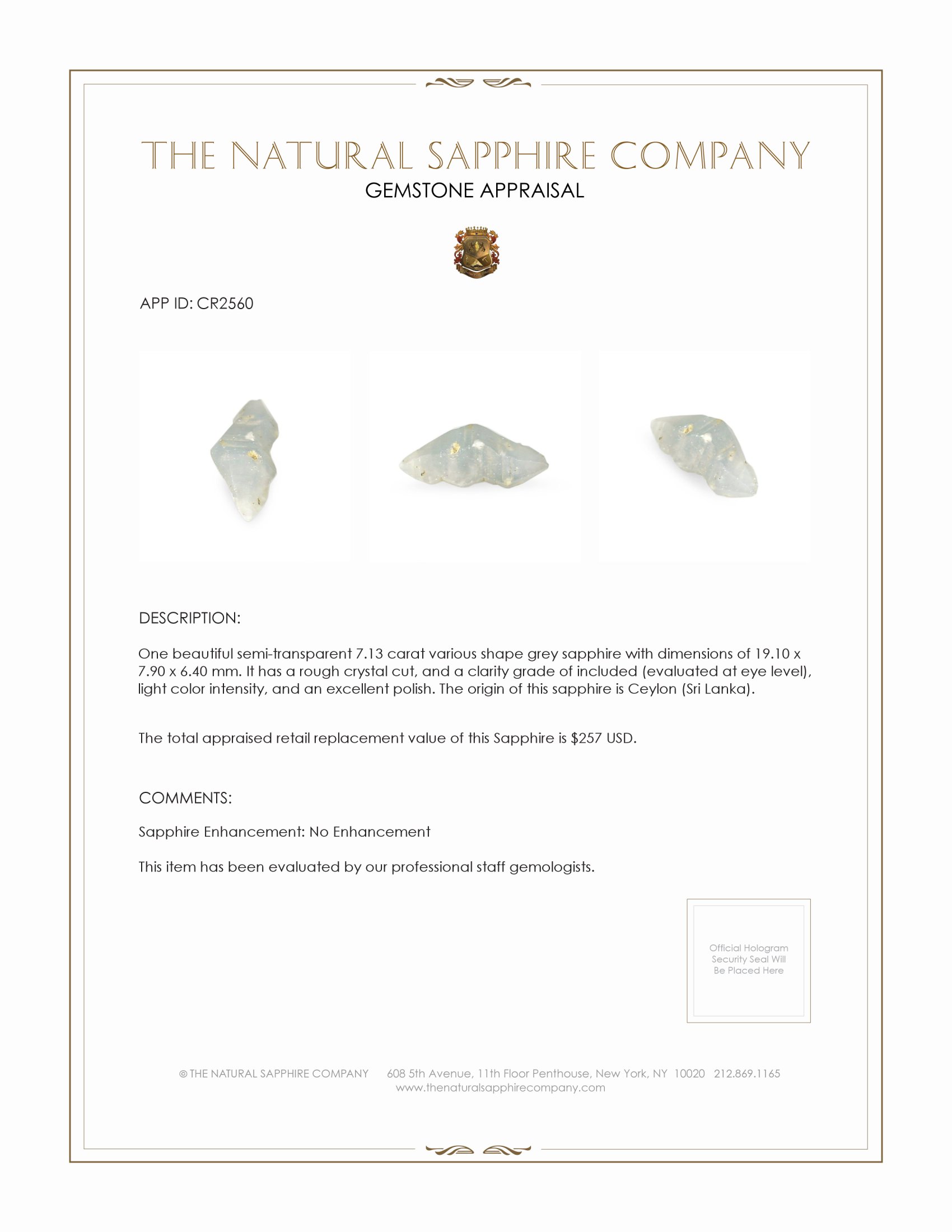 7.13 Ct. Grey Sapphire Crystal from Ceylon (Sri Lanka)