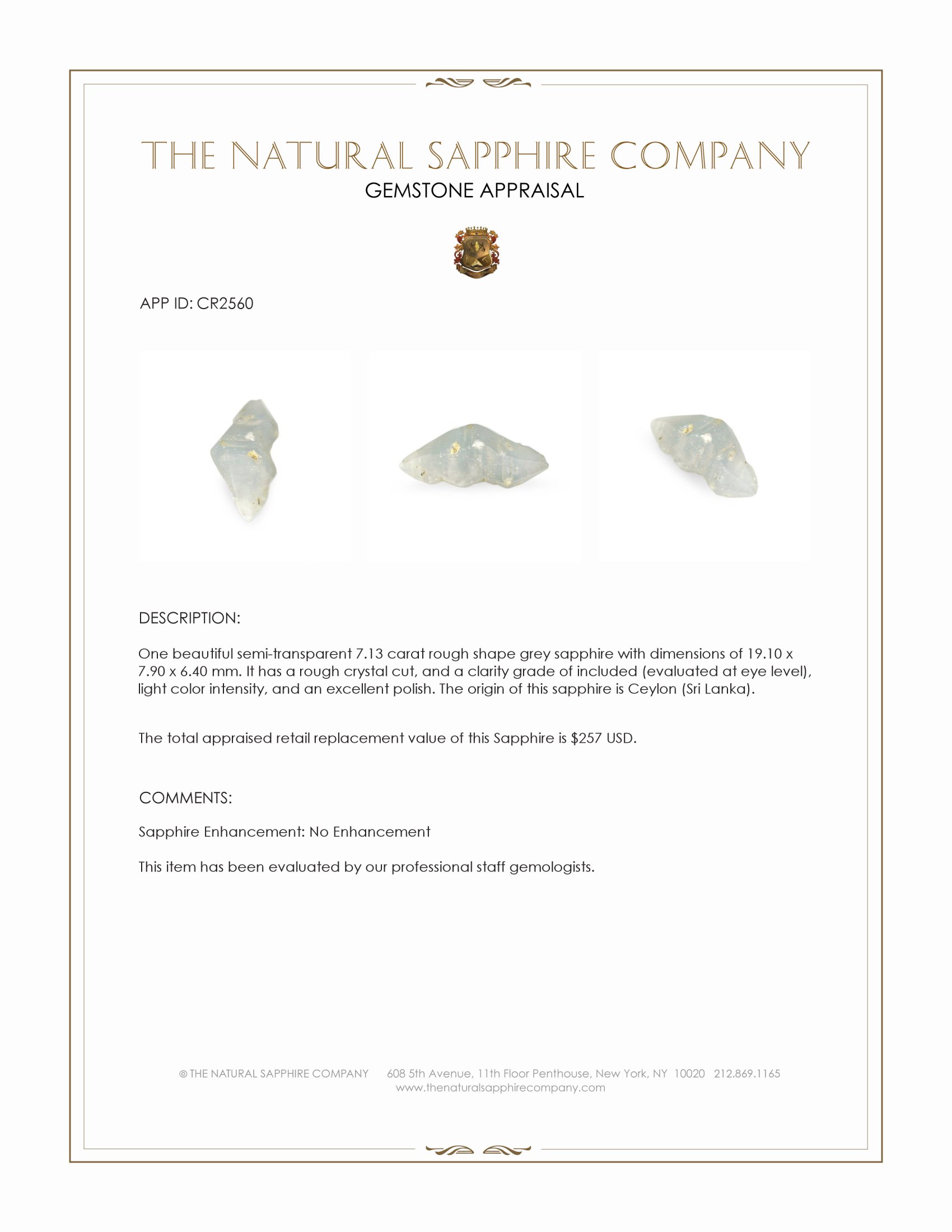 7.13 Ct. Grey Rough Sapphire Crystal from Ceylon (Sri Lanka)