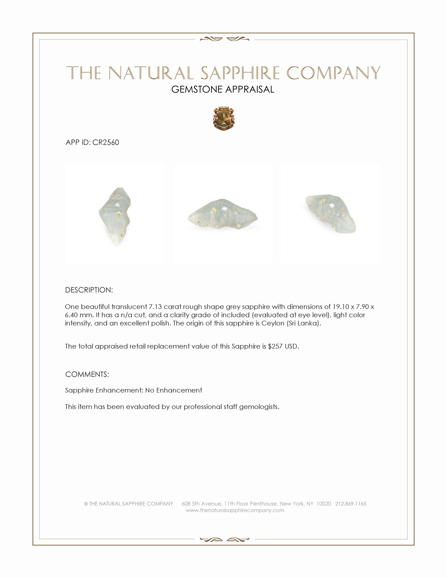 7.13 Ct. Grey Rough Sapphire from Ceylon (Sri Lanka)