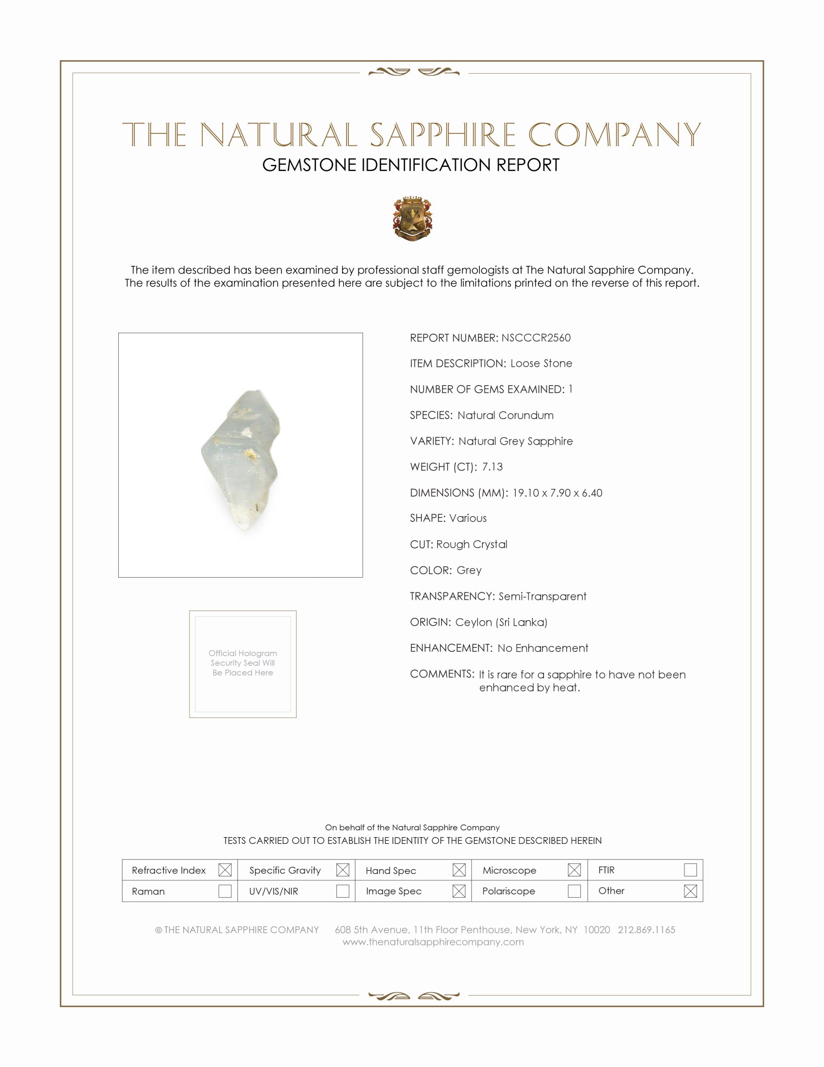 7.13 Ct. Grey Sapphire Crystal from Ceylon (Sri Lanka)