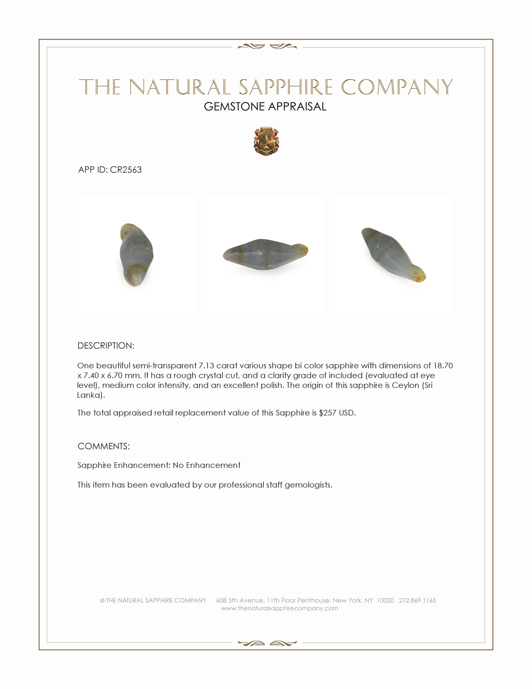 7.13 Ct. Bi Color Sapphire Crystal from Ceylon (Sri Lanka)