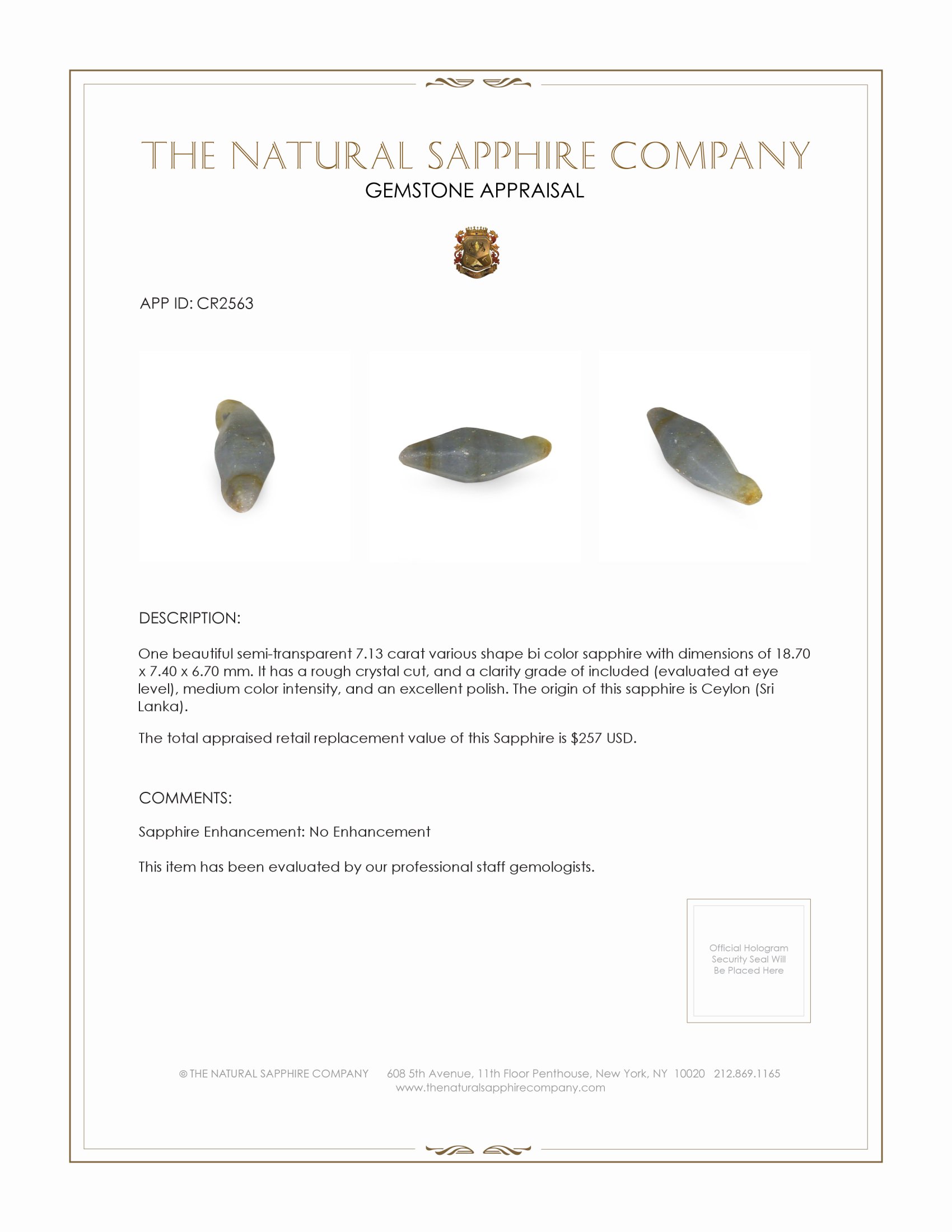 7.13 Ct. Bi Color Sapphire Crystal from Ceylon (Sri Lanka)