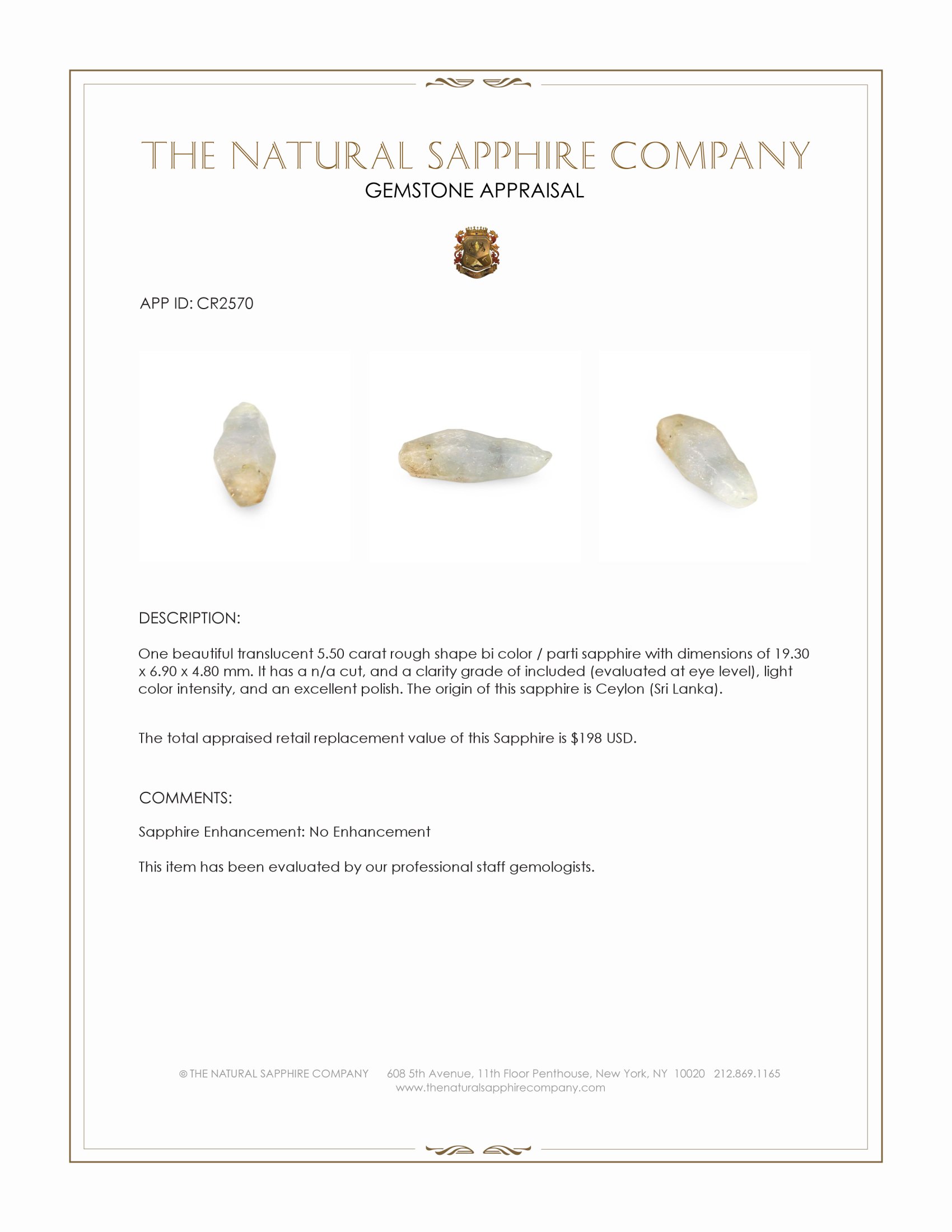 5.50 Ct. Bi Color / Parti Rough Sapphire from Ceylon (Sri Lanka)