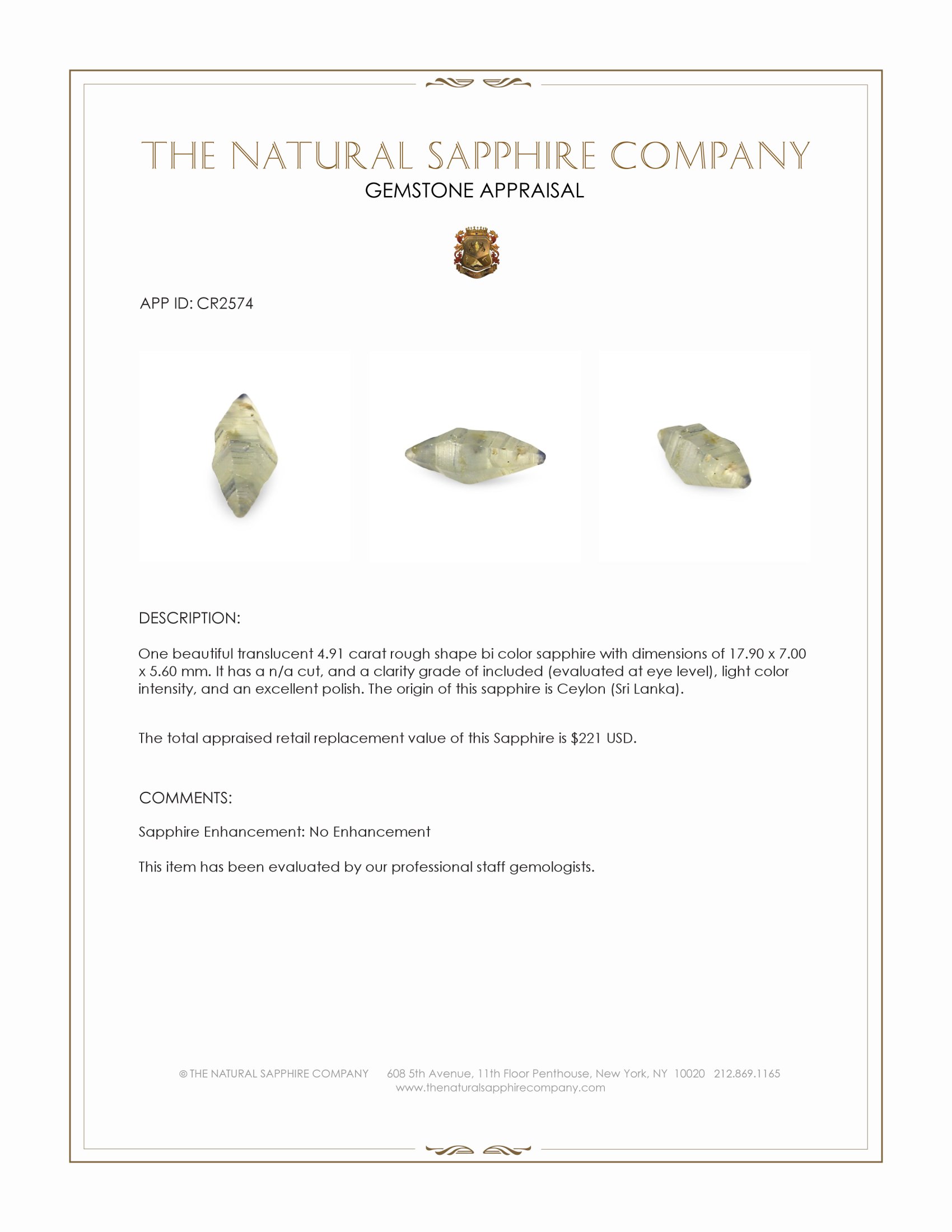 4.91 Ct. Bi Color Rough Sapphire from Ceylon (Sri Lanka)