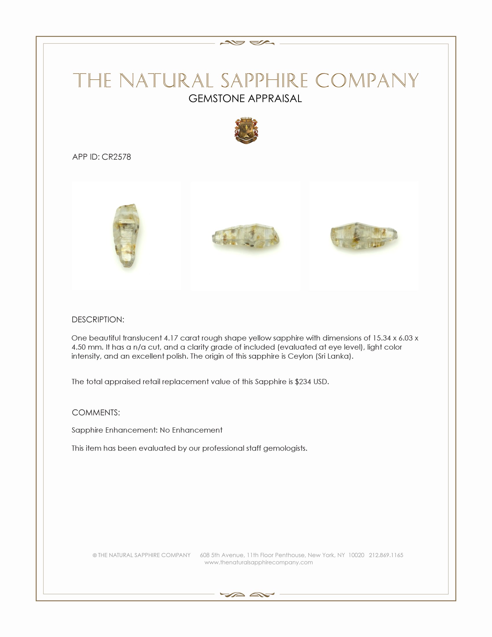 4.17 Ct. Yellow Rough Sapphire from Ceylon (Sri Lanka)