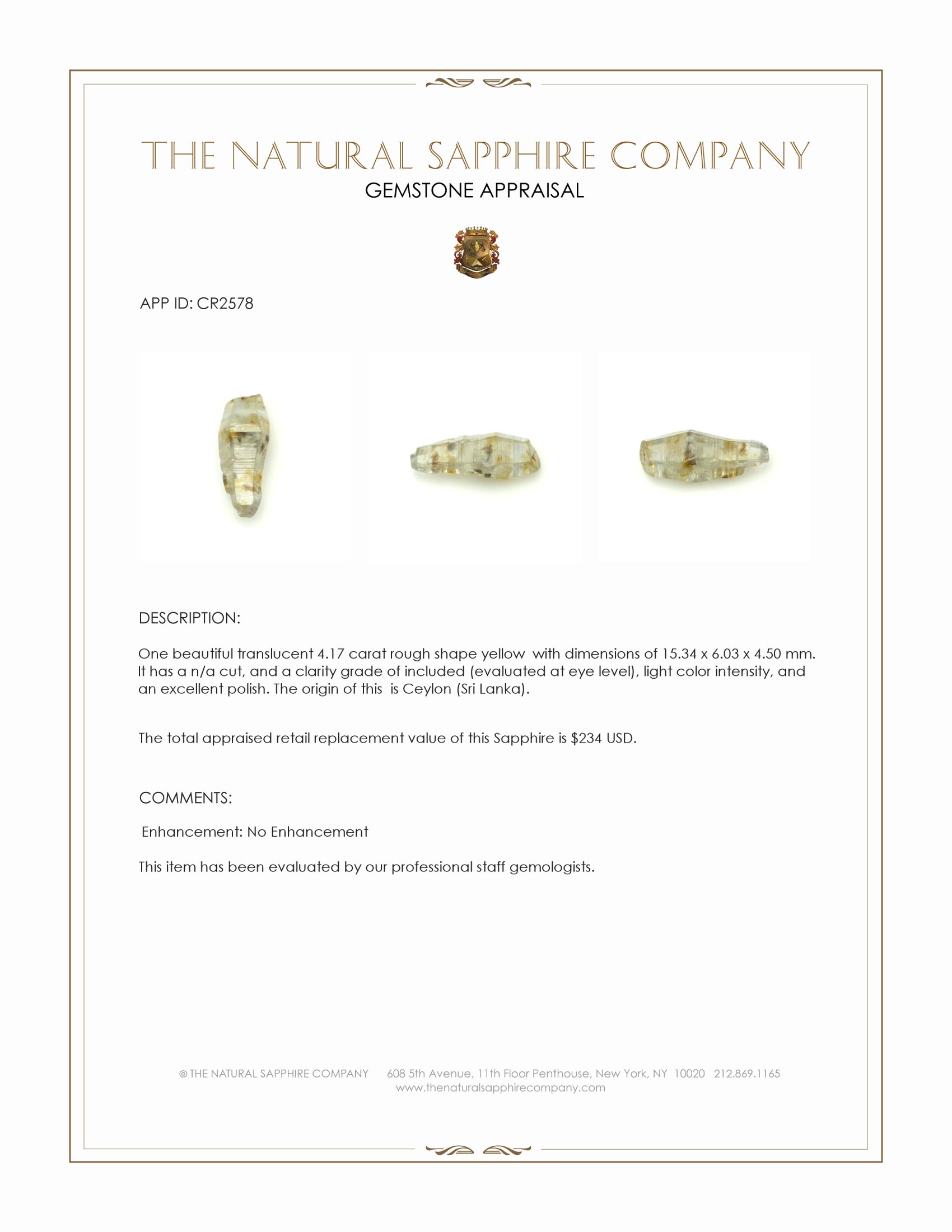 4.17 Ct. Yellow Rough Sapphire from Ceylon (Sri Lanka)