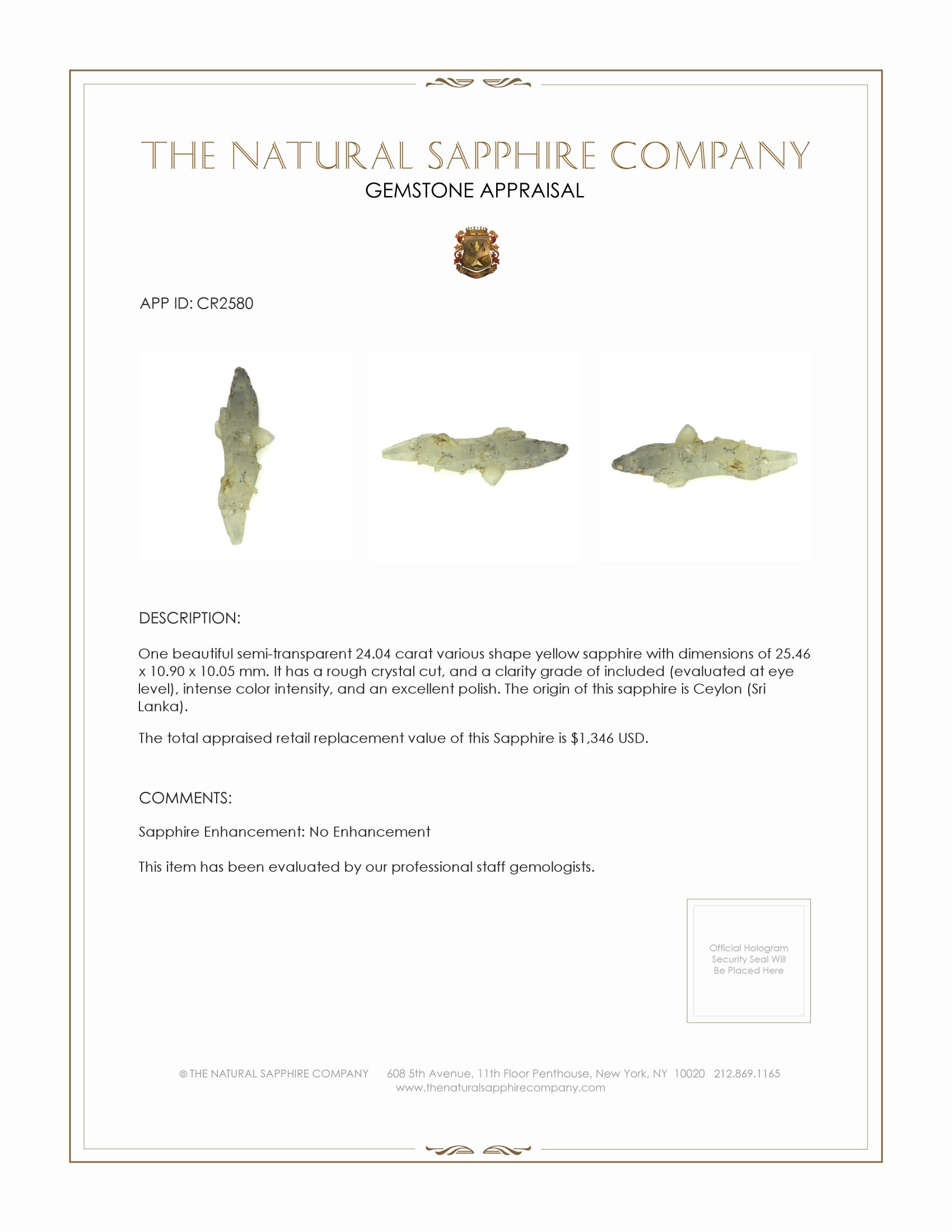 24.04 Ct. Yellow Sapphire Crystal from Ceylon (Sri Lanka)