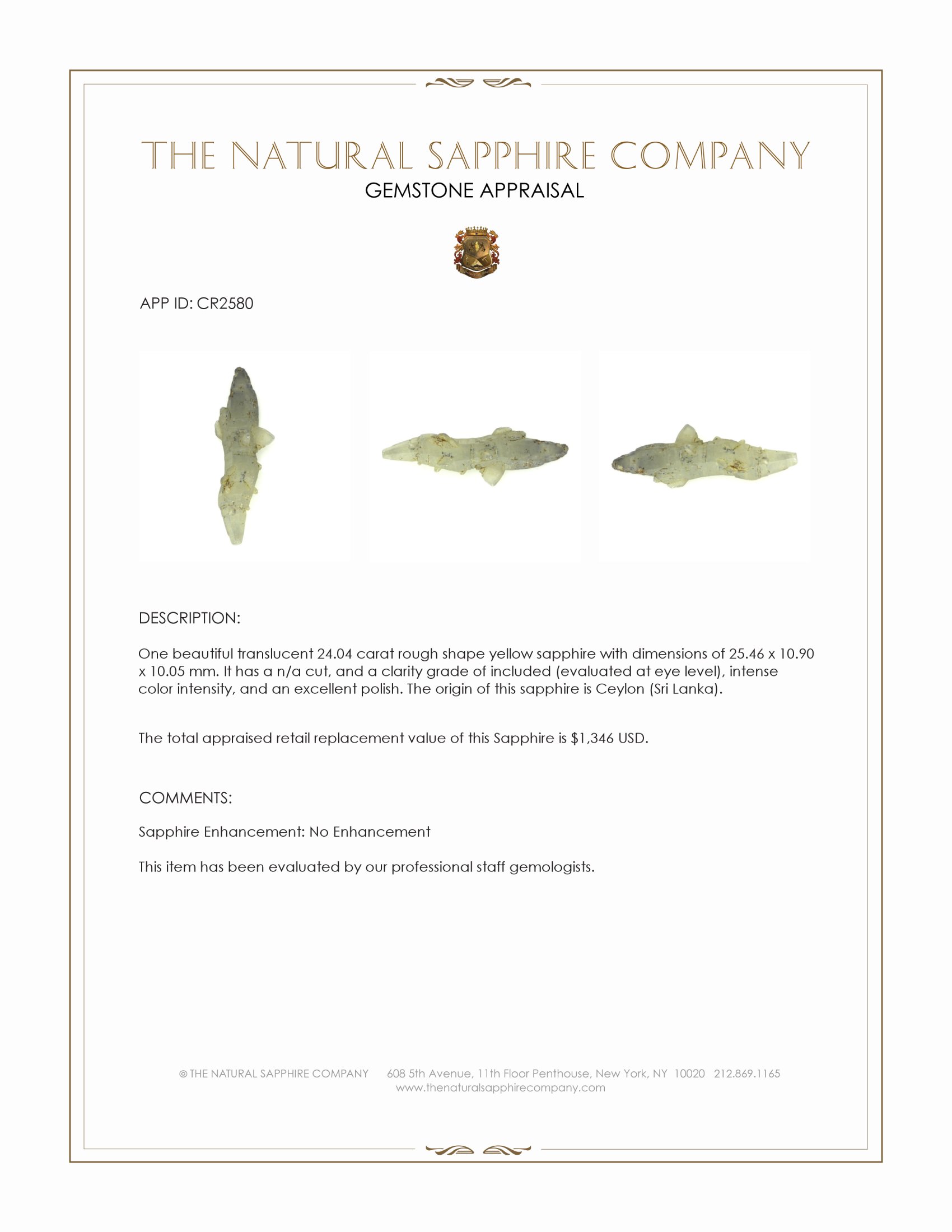 24.04 Ct. Yellow Rough Sapphire from Ceylon (Sri Lanka)