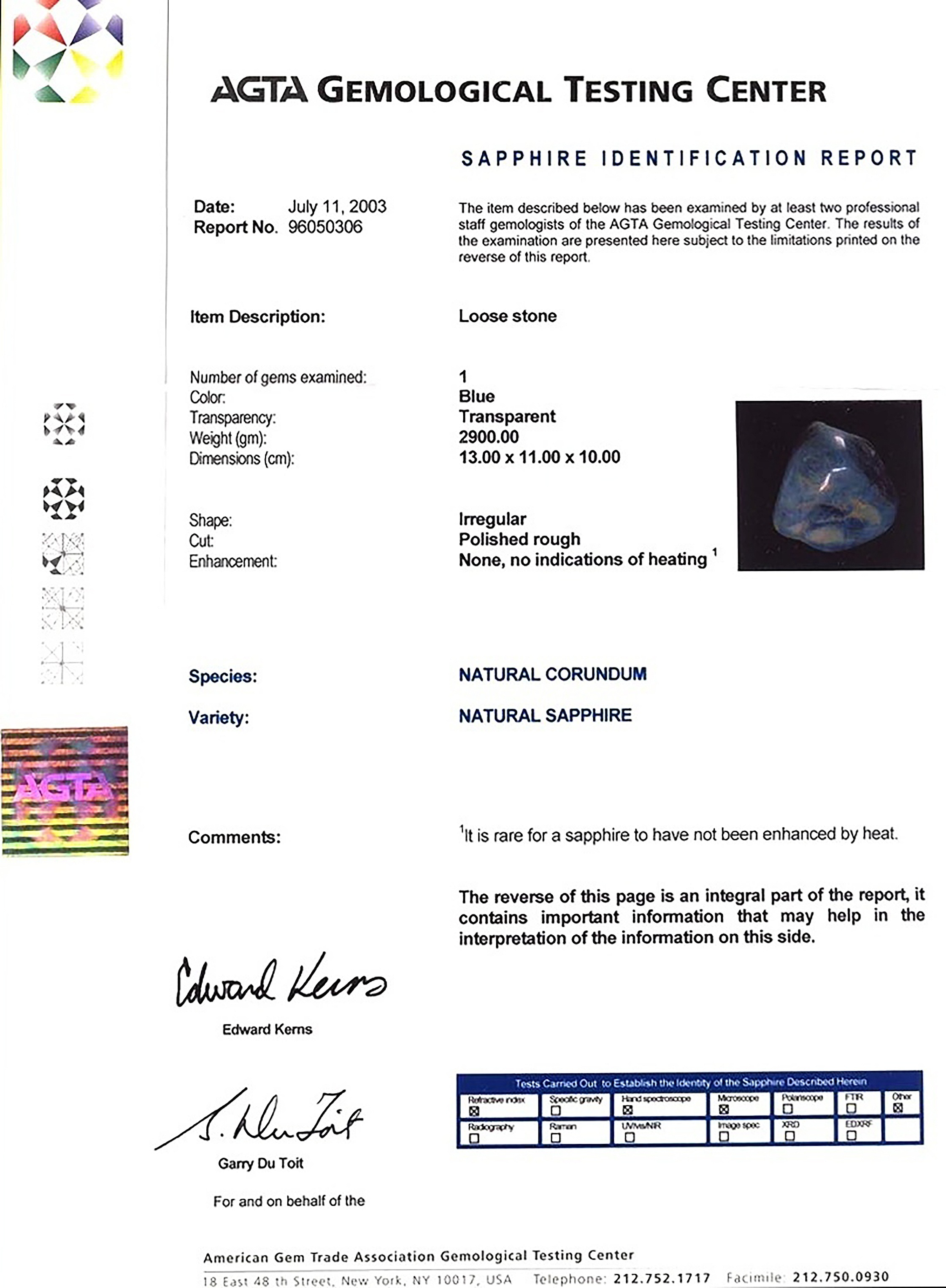 15,000.00 Ct. Blue Rough Sapphire from Burma (Myanmar)