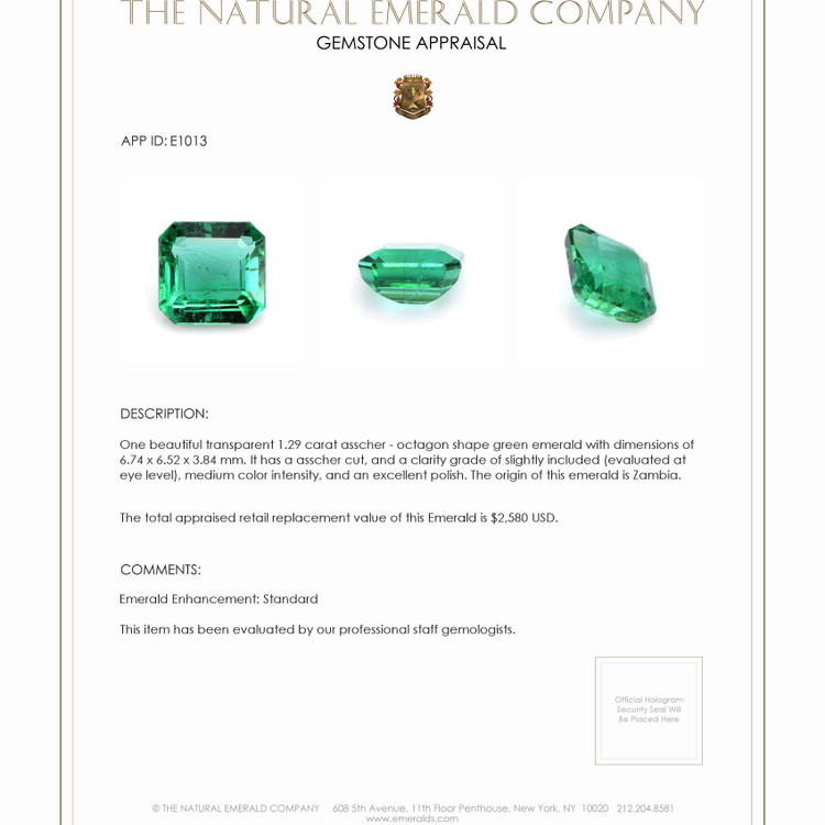 1.29 Ct. Emerald from Zambia