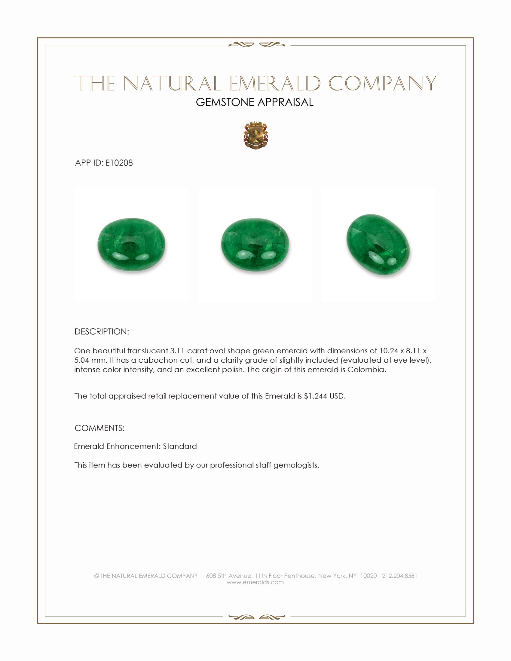 3.11 Ct. Cabochon Emerald from Colombia