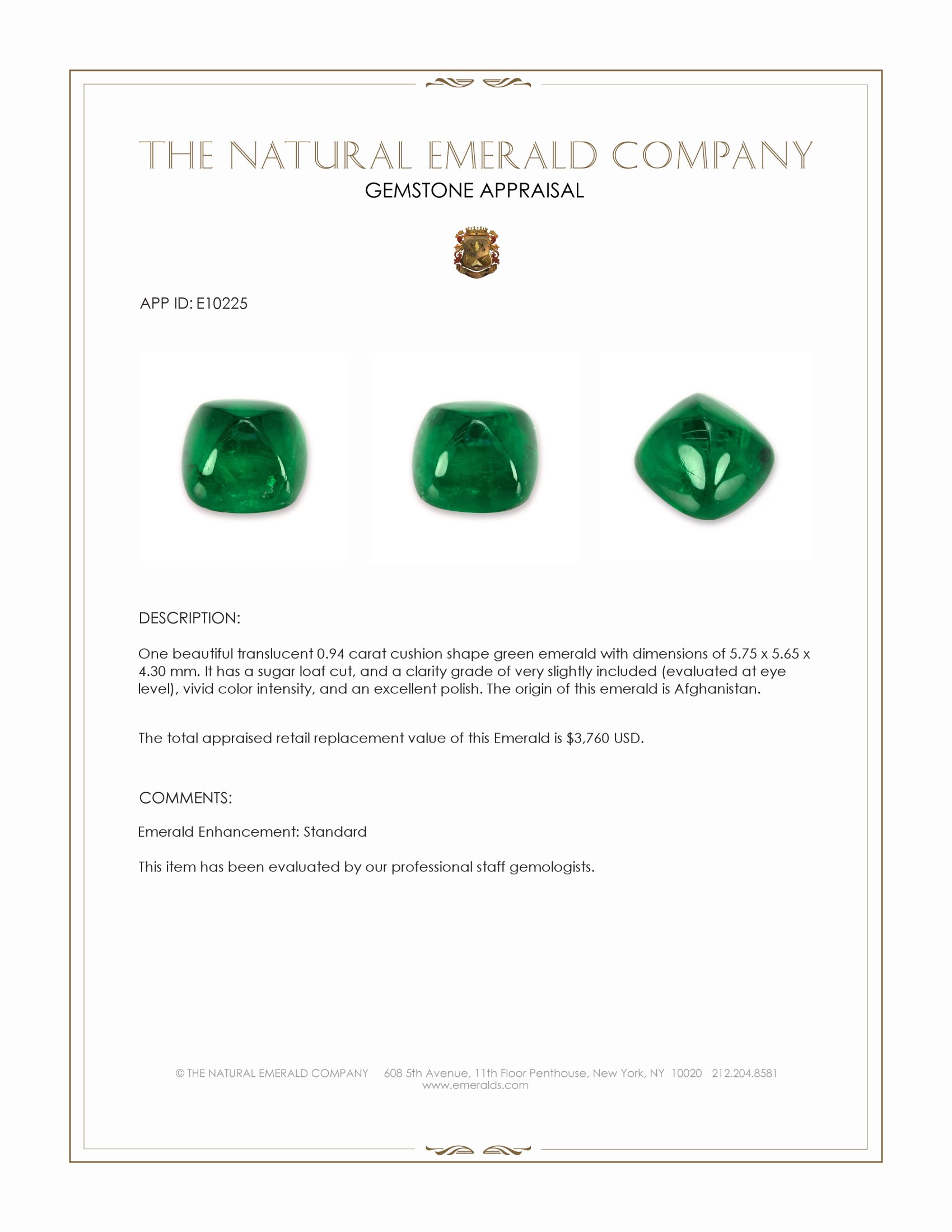 0.94 Ct. Cabochon Emerald from Afghanistan