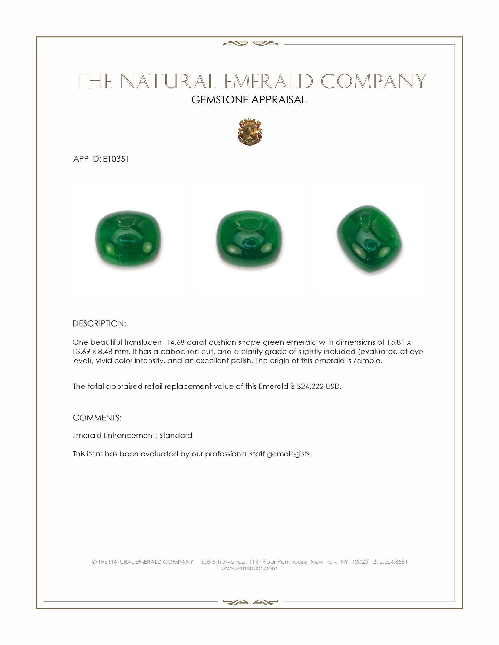 14.68 Ct. Cabochon Emerald from Zambia