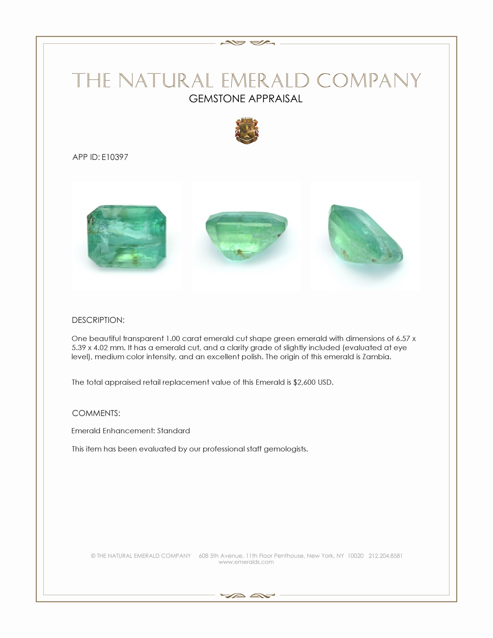 1.00 Ct. Emerald from Zambia