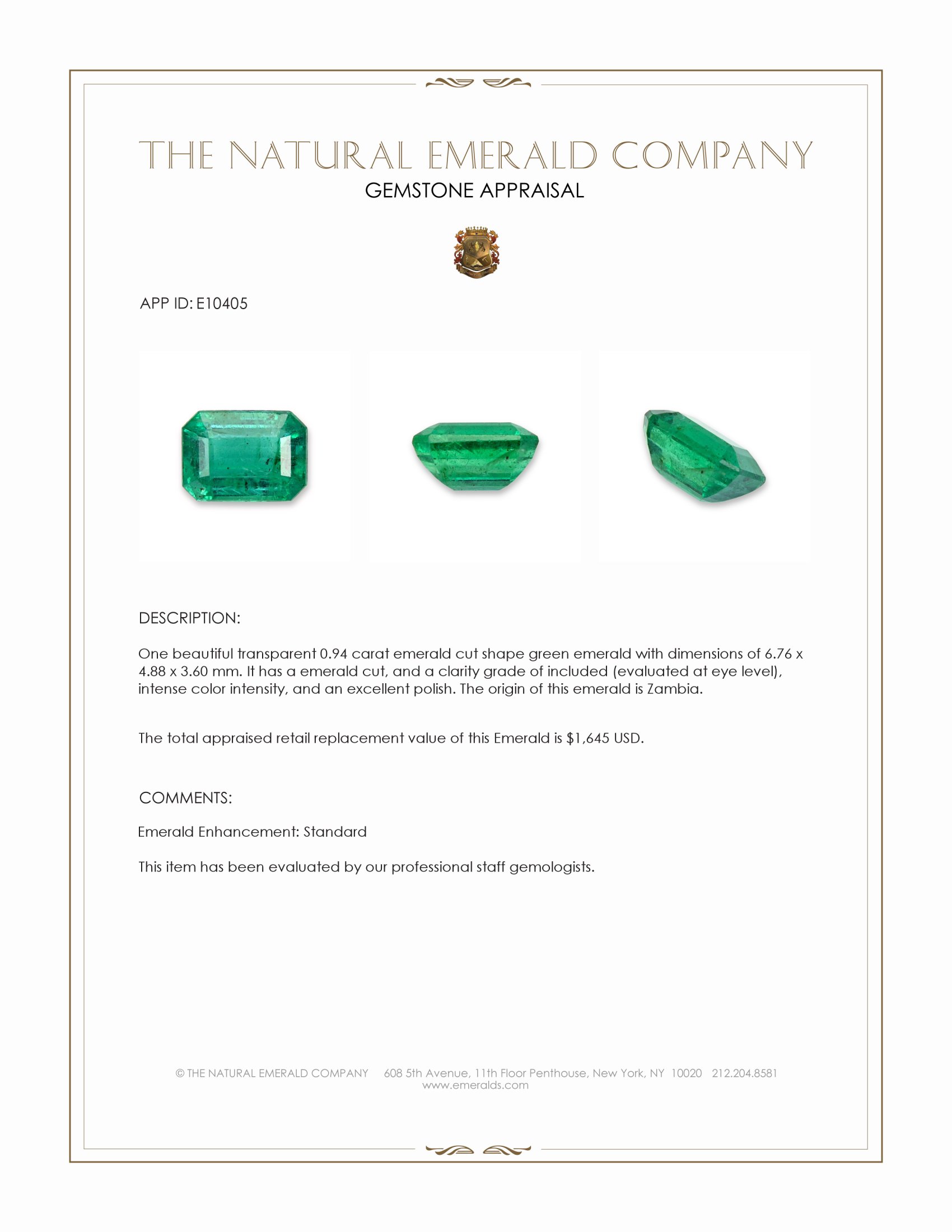 0.94 Ct. Emerald from Zambia