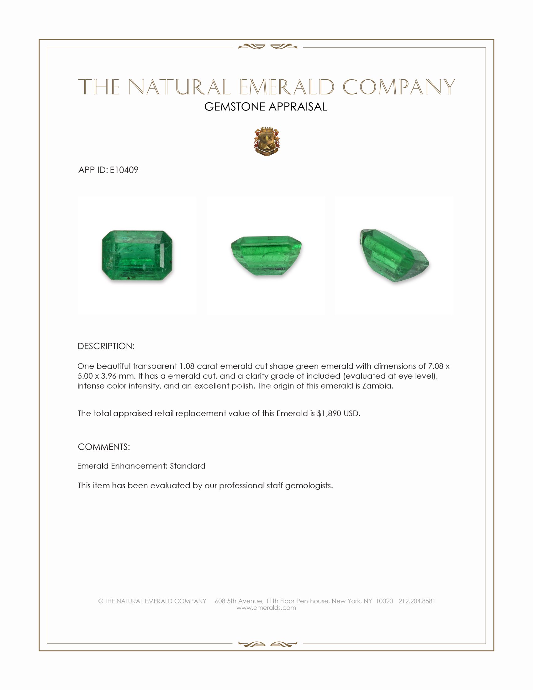 1.08 Ct. Emerald from Zambia
