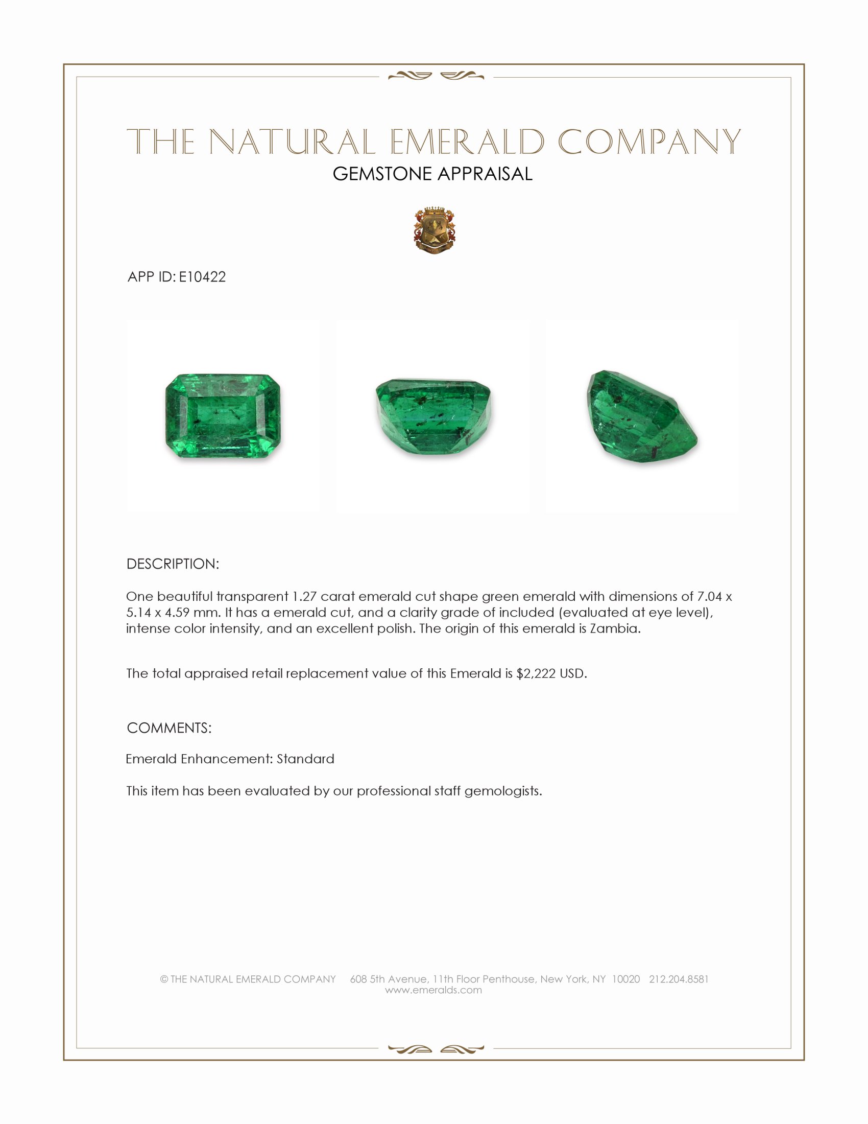 1.27 Ct. Emerald from Zambia