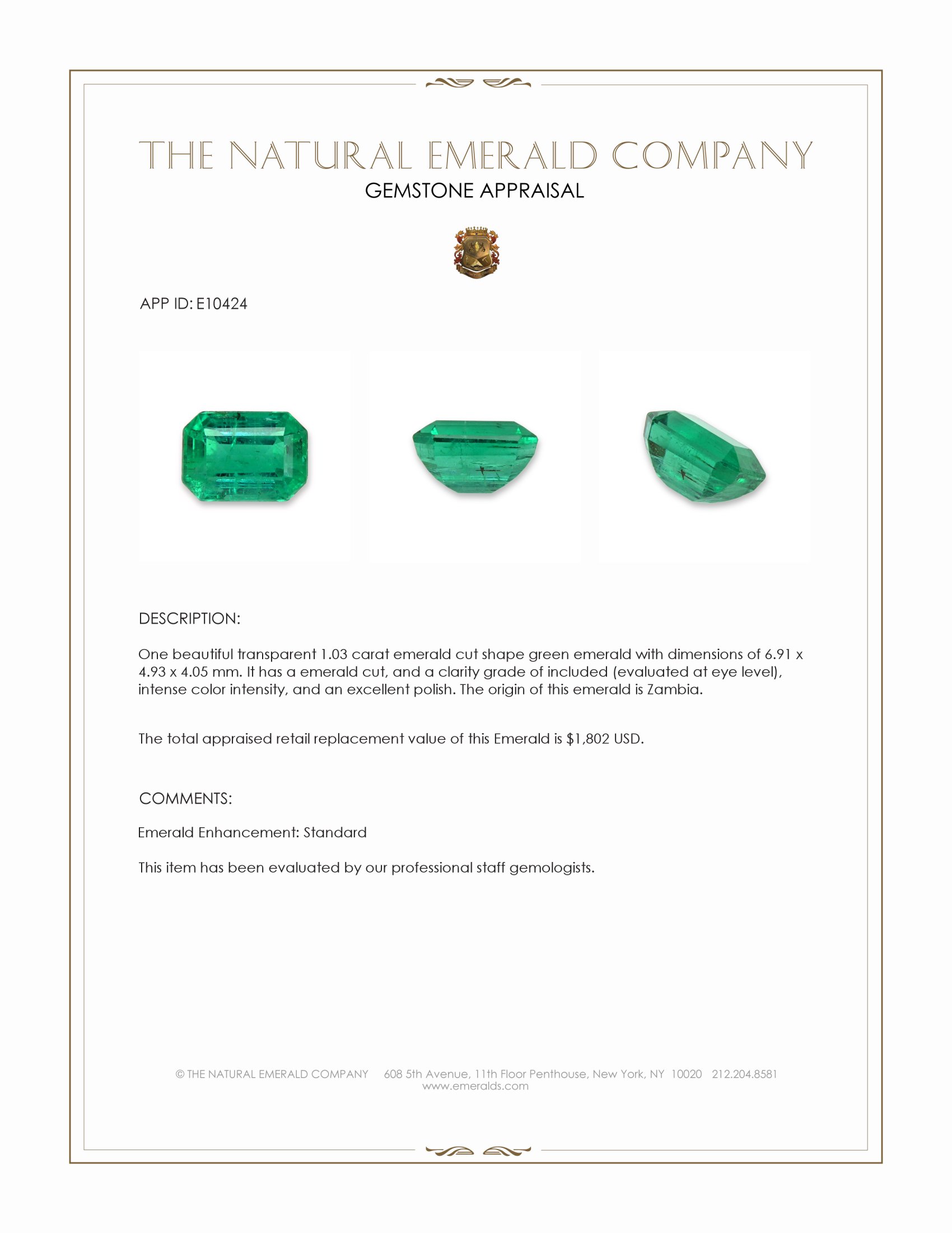1.03 Ct. Emerald from Zambia