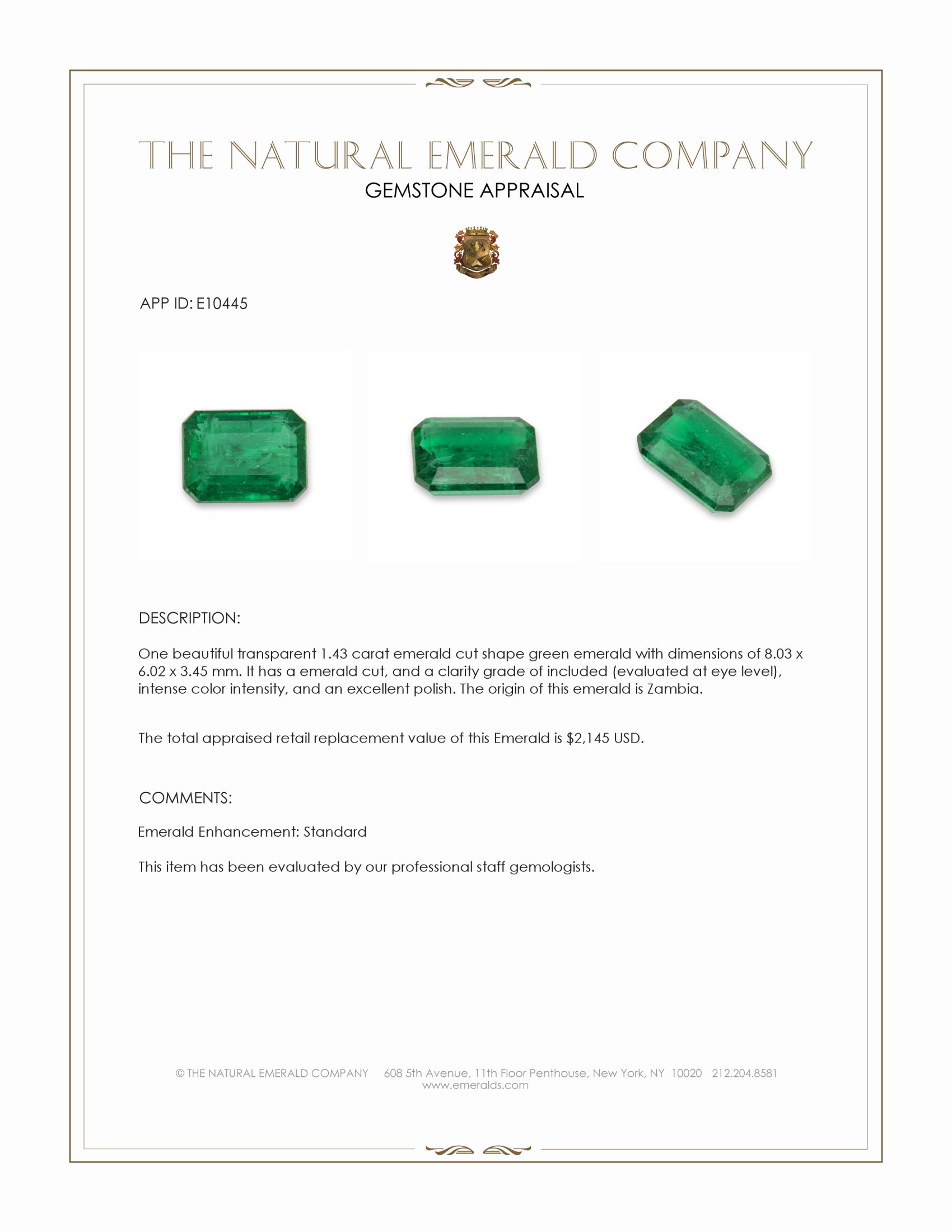 1.43 Ct. Emerald from Zambia