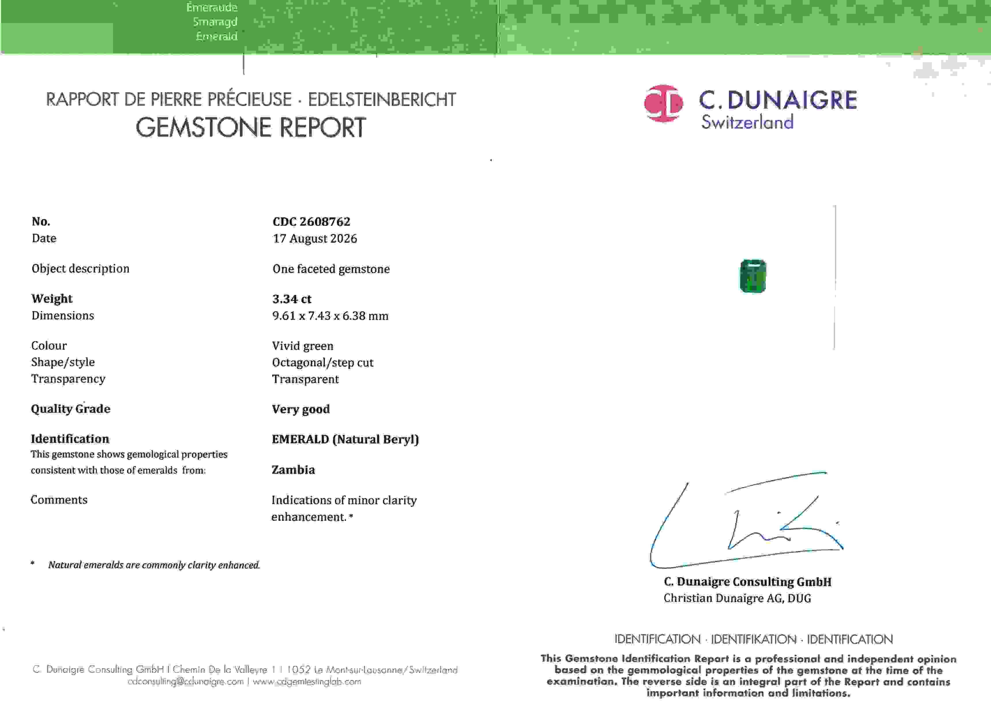3.34 Ct. Emerald from Zambia