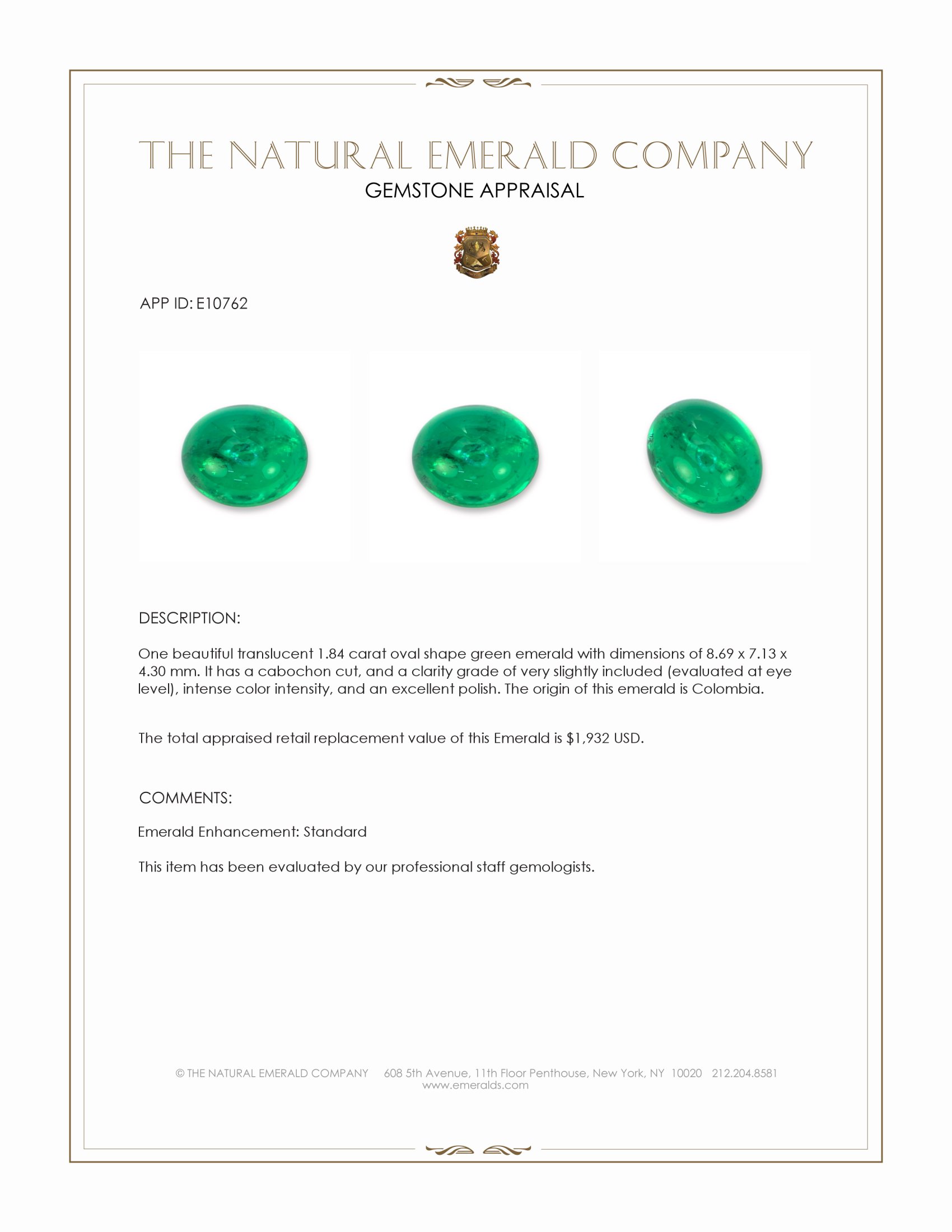 1.84 Ct. Cabochon Emerald from Colombia