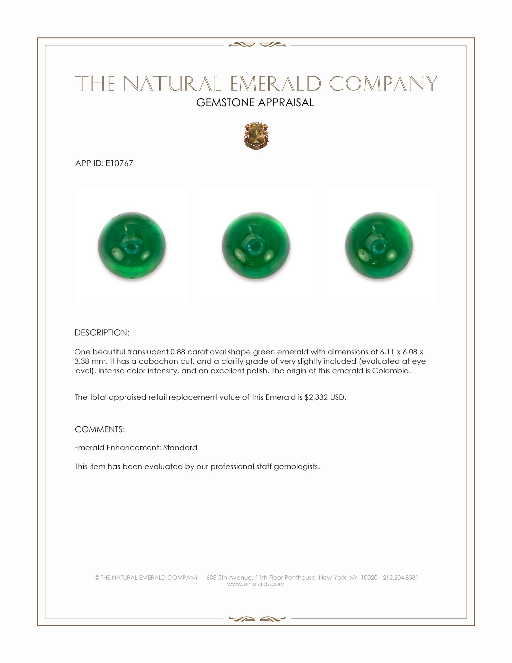 0.88 Ct. Cabochon Emerald from Colombia
