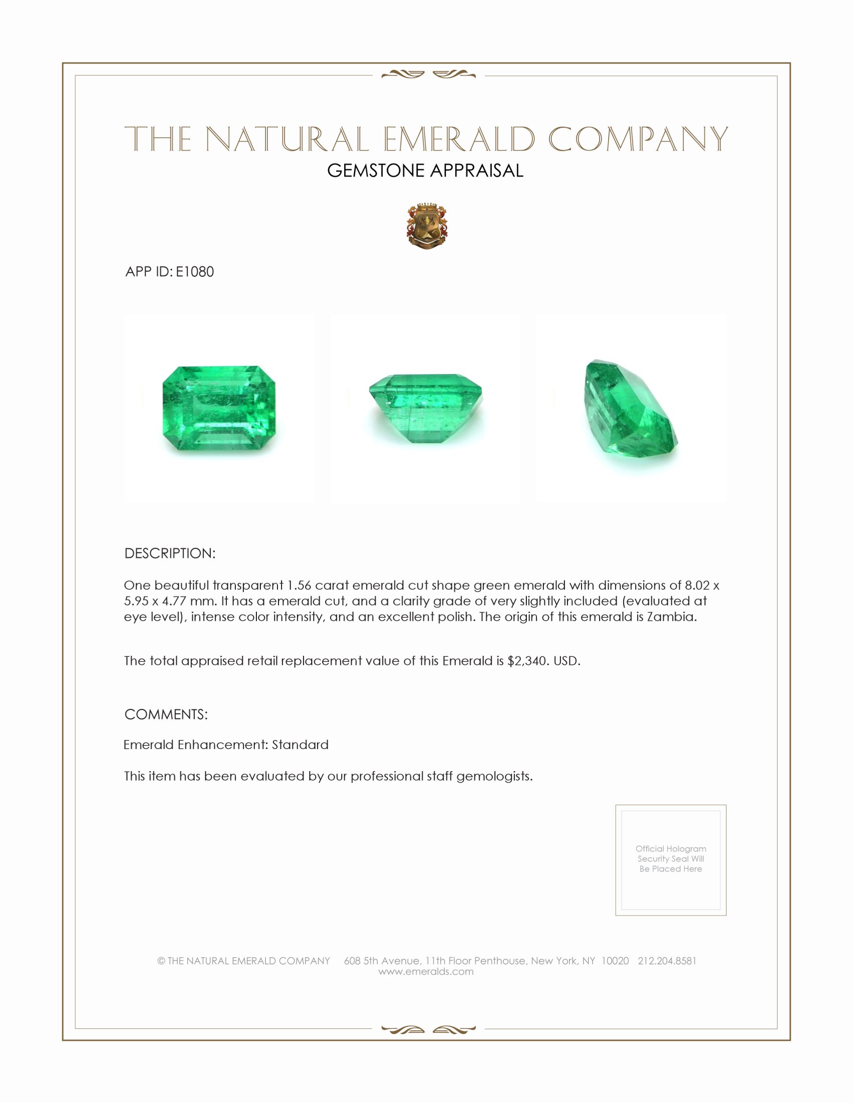 1.56 Ct. Emerald from Zambia