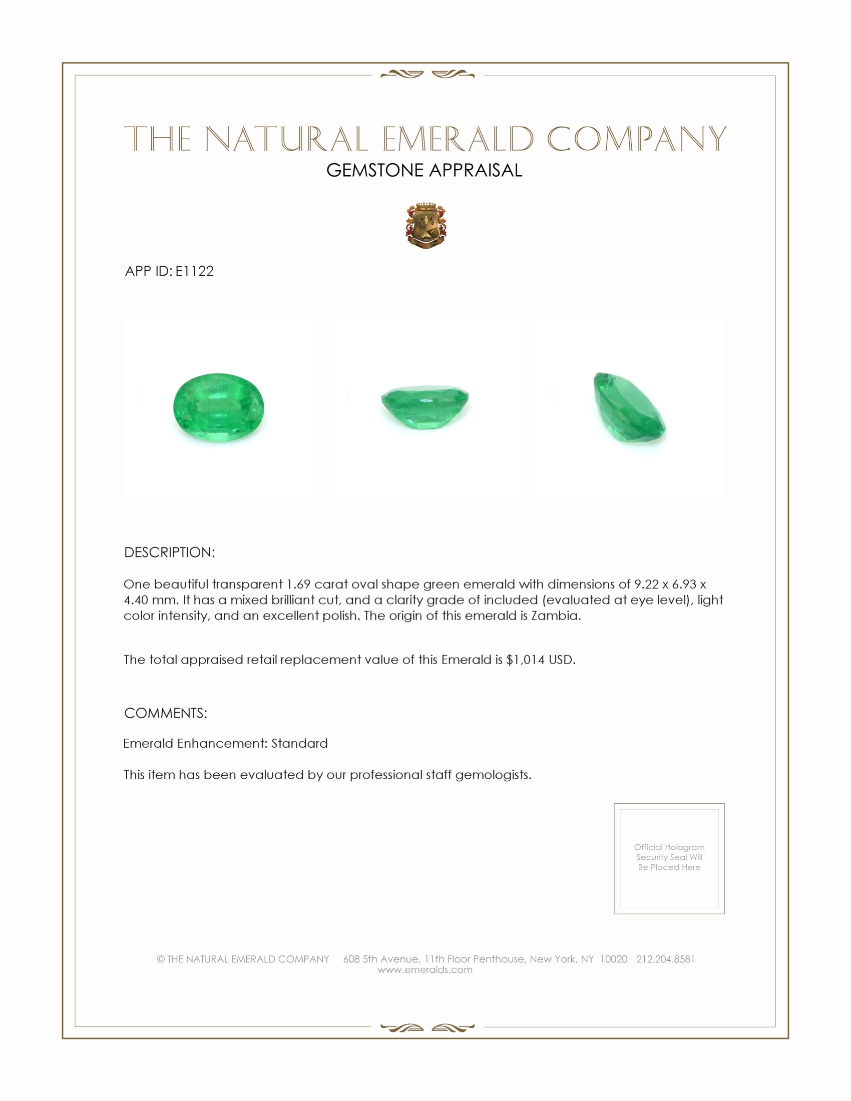 1.69 Ct. Emerald from Zambia