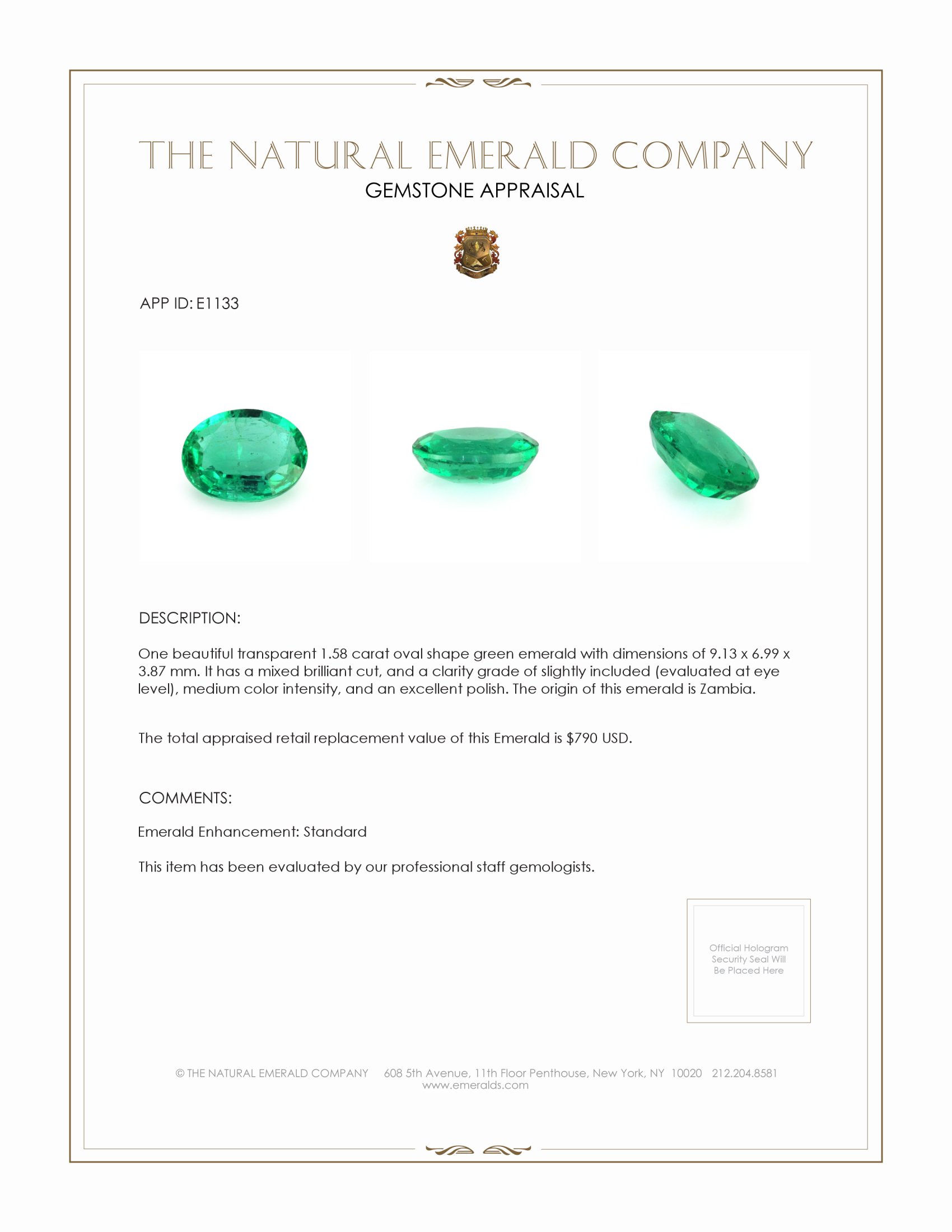 1.58 Ct. Emerald from Zambia