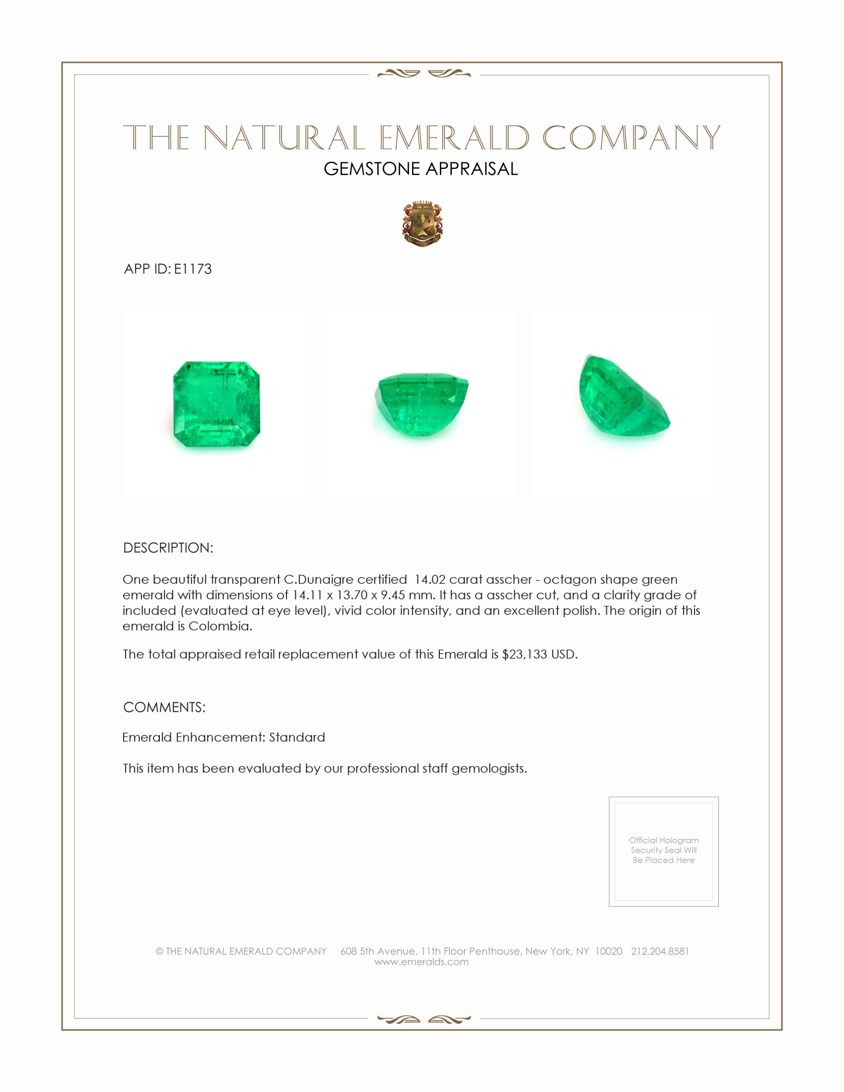 14.02 Ct. Emerald from Colombia